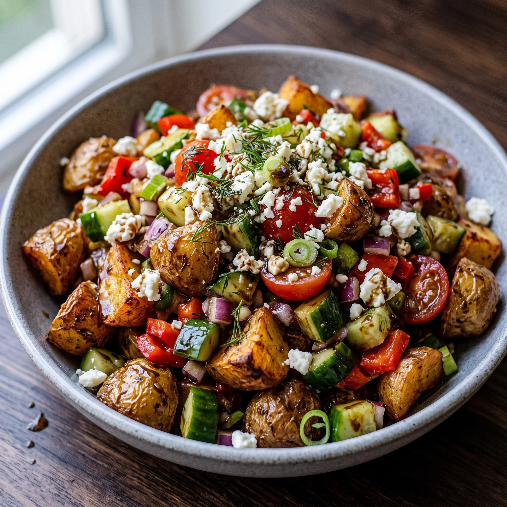 A bowl of vegetables including potatoes, tomatoes, and cucumbers.