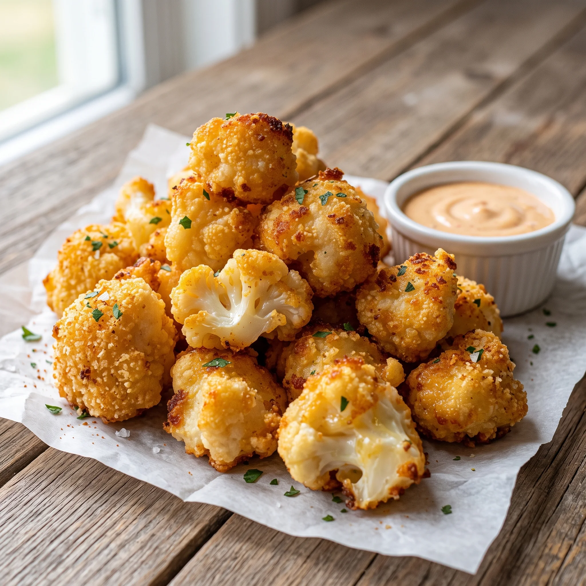 A white bowl of cauliflower with a dipping sauce.