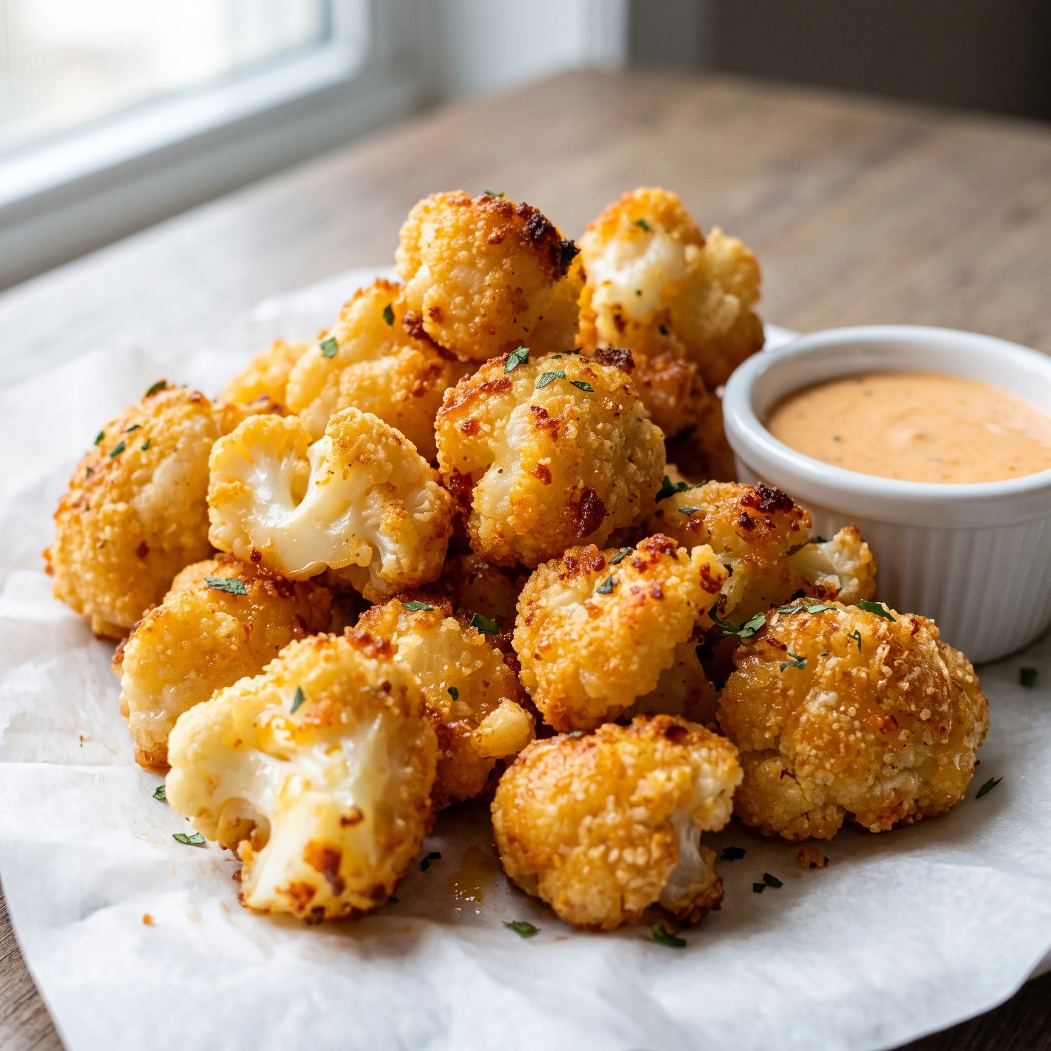 A plate of cauliflower with a dipping sauce.