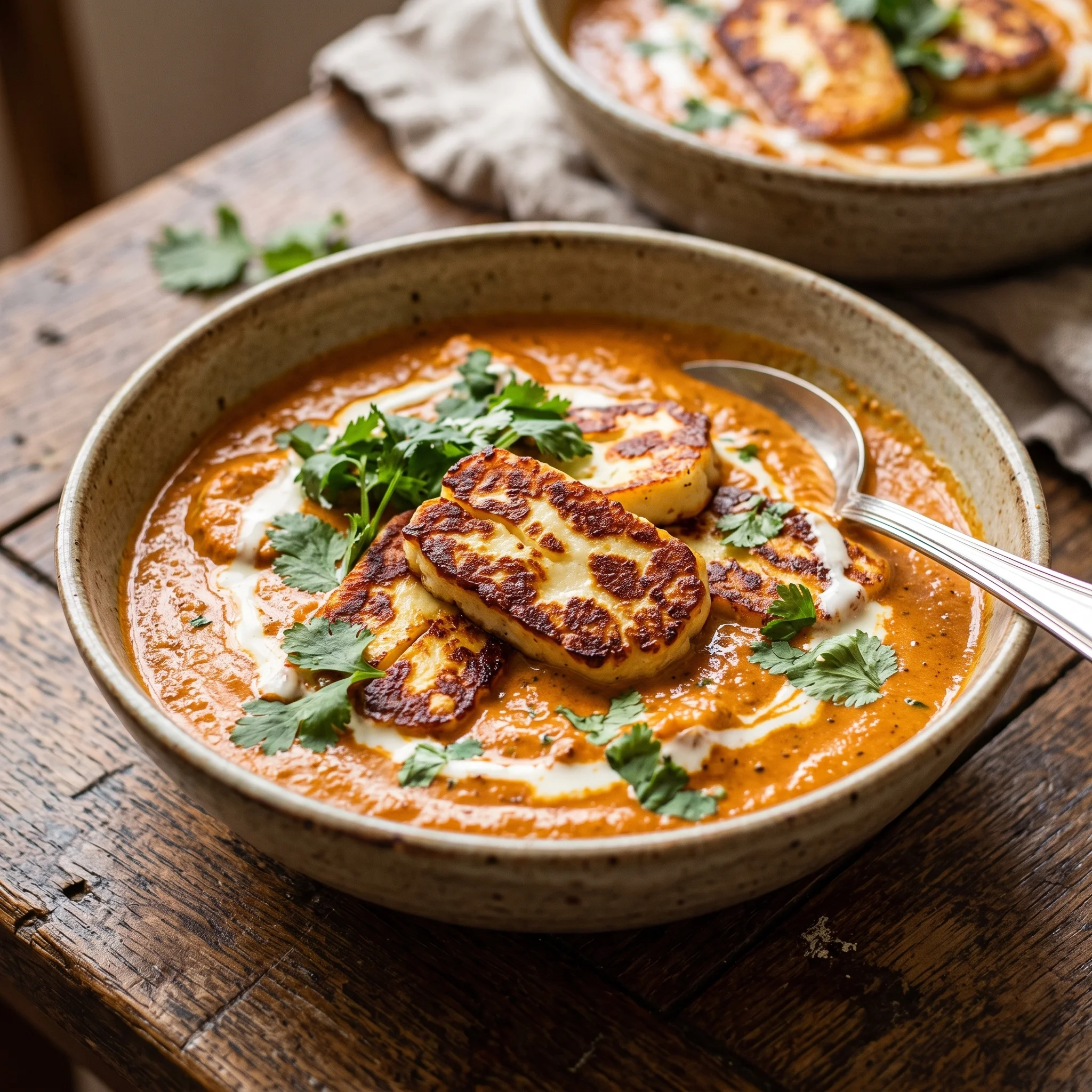 A bowl of haloumi makhani.