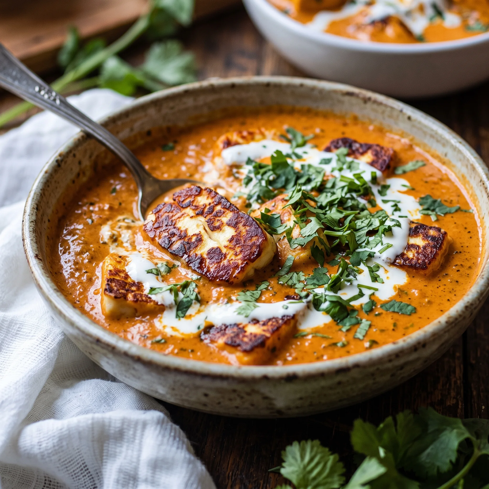 A bowl of haloumi makhani.