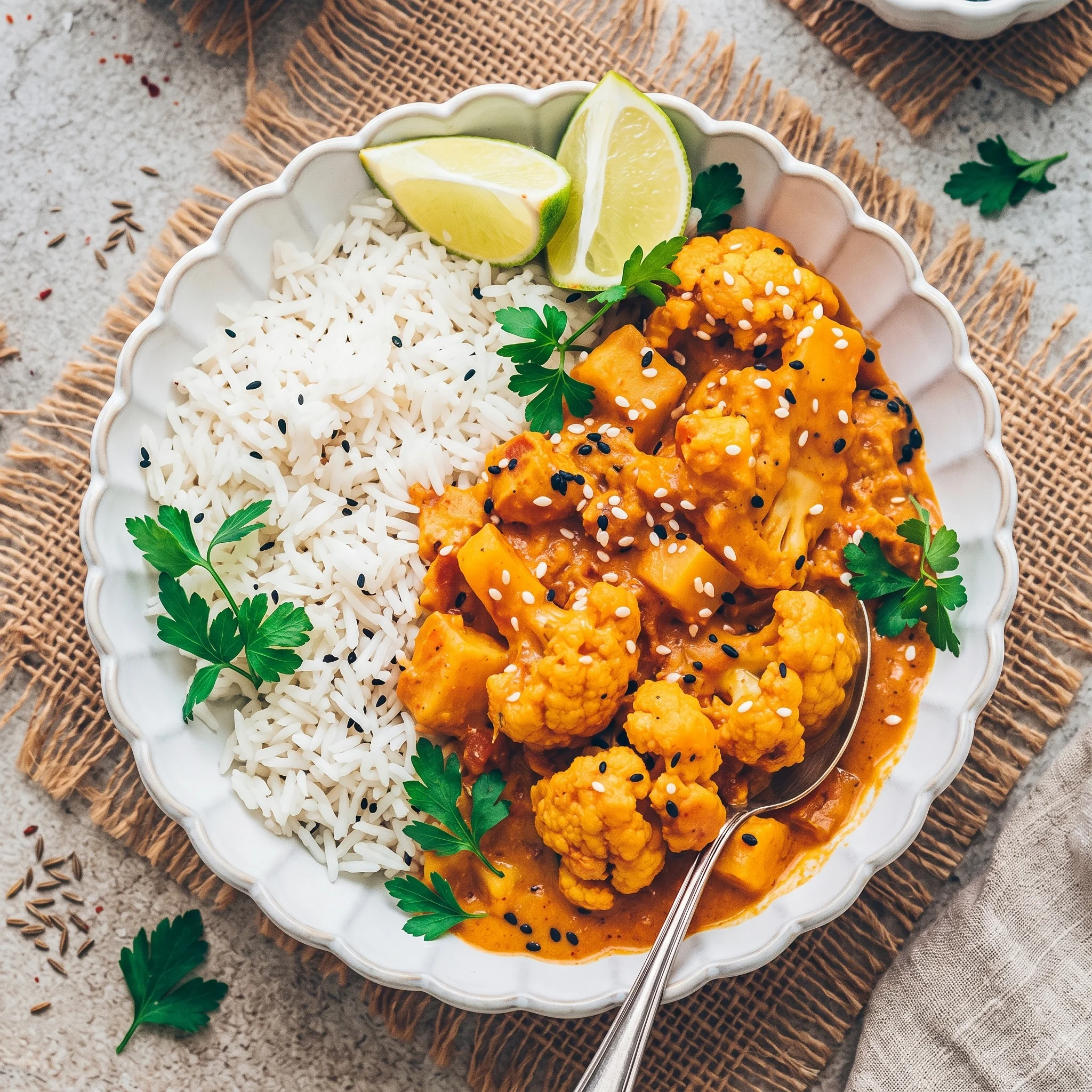 A plate of food with rice and cauliflower.