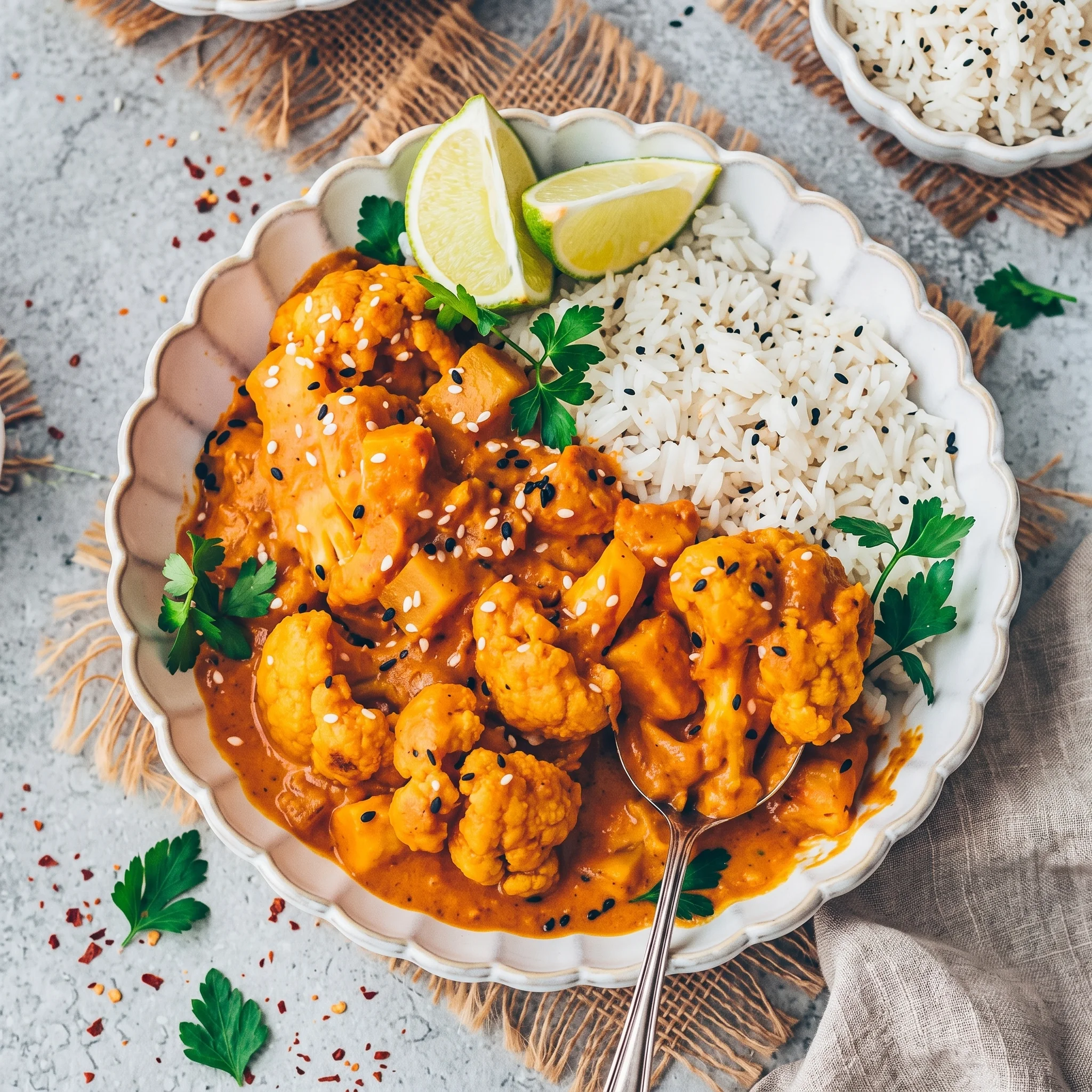 A plate of curry with rice and lime.