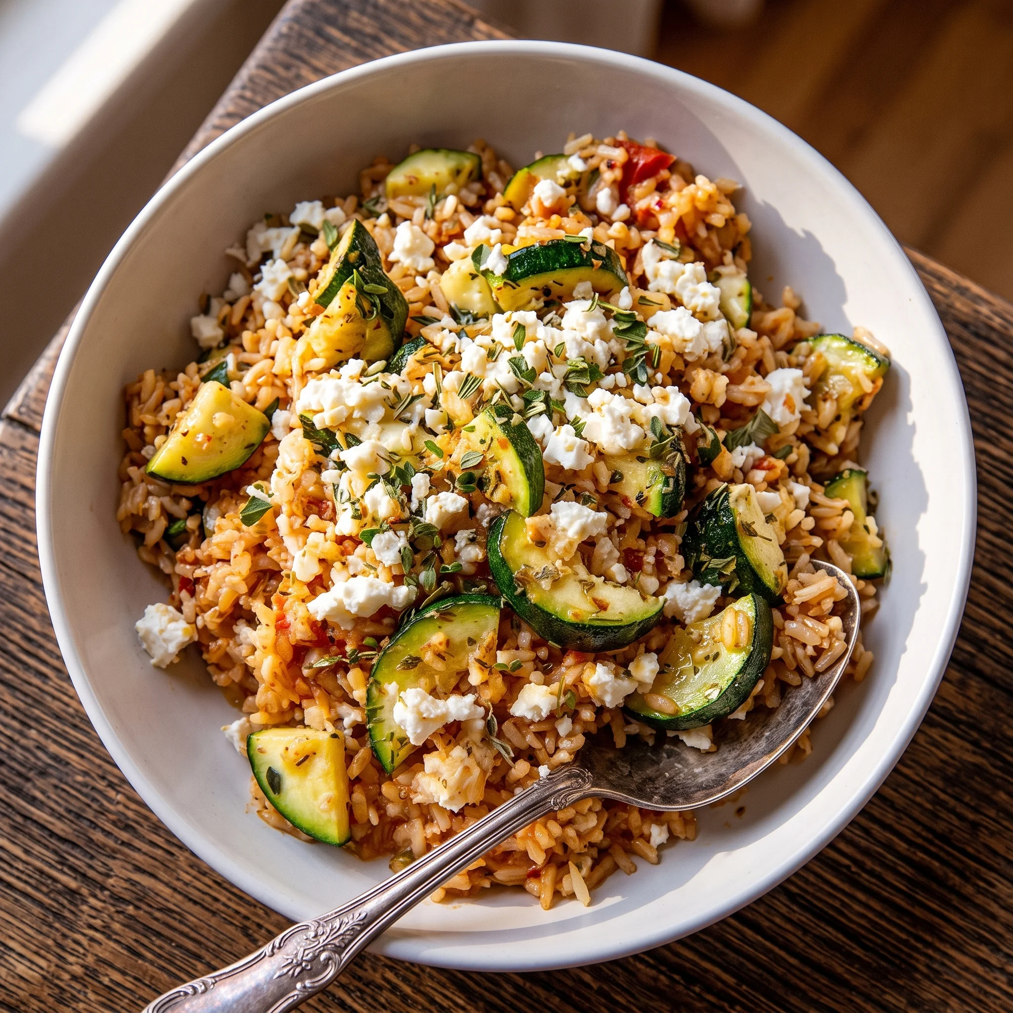 A bowl of rice with zucchini and feta cheese.