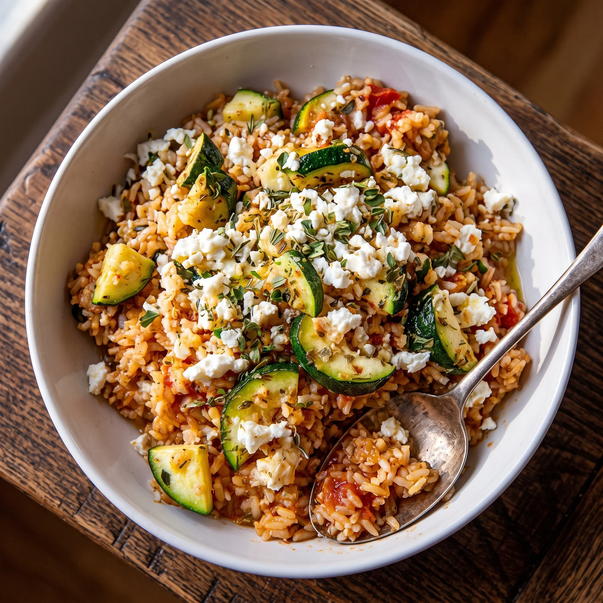 A bowl of rice with zucchini and feta cheese.