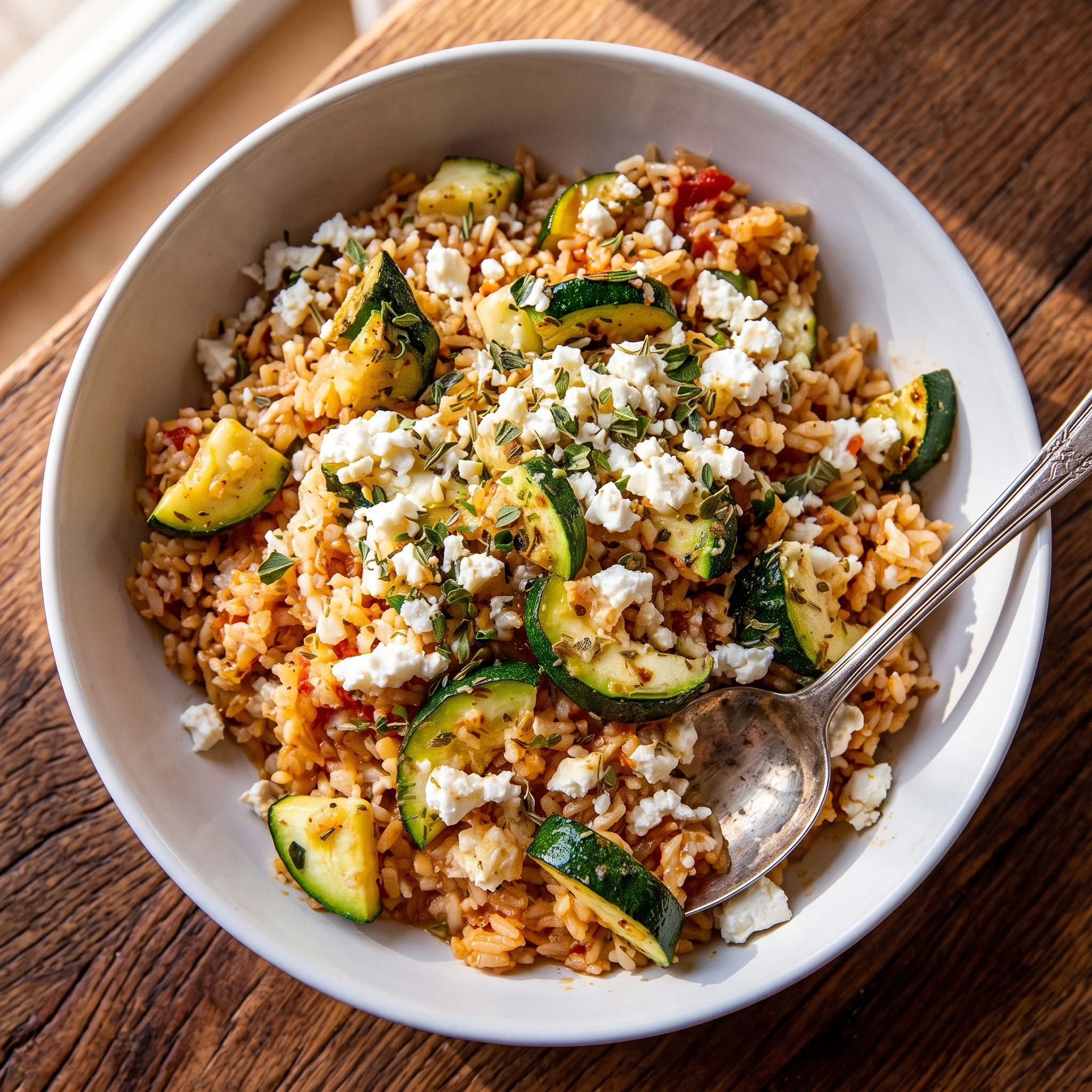 A bowl of rice with zucchini and feta cheese.