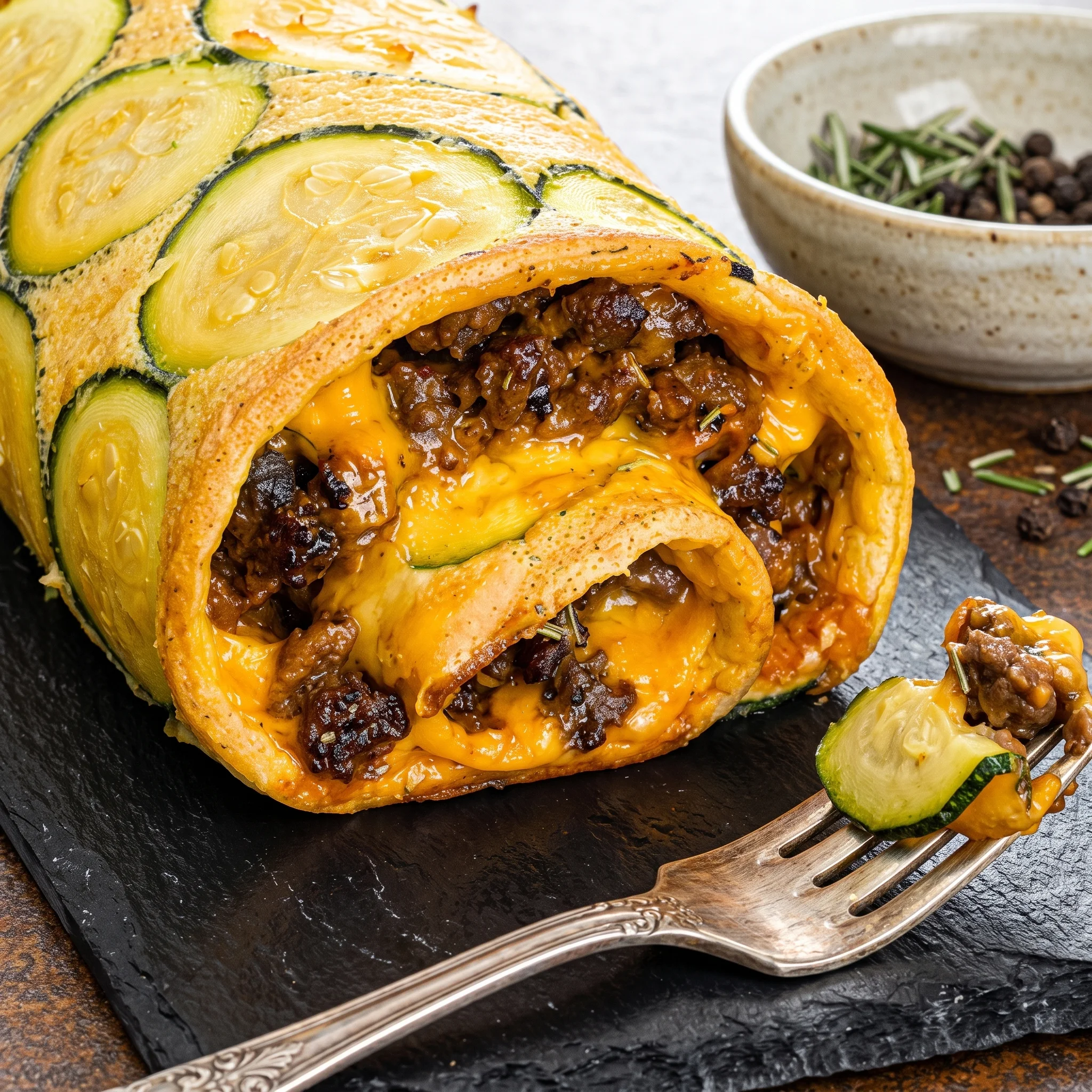 A zucchini-hackfleisch-rolle mit cheddar is on a table.