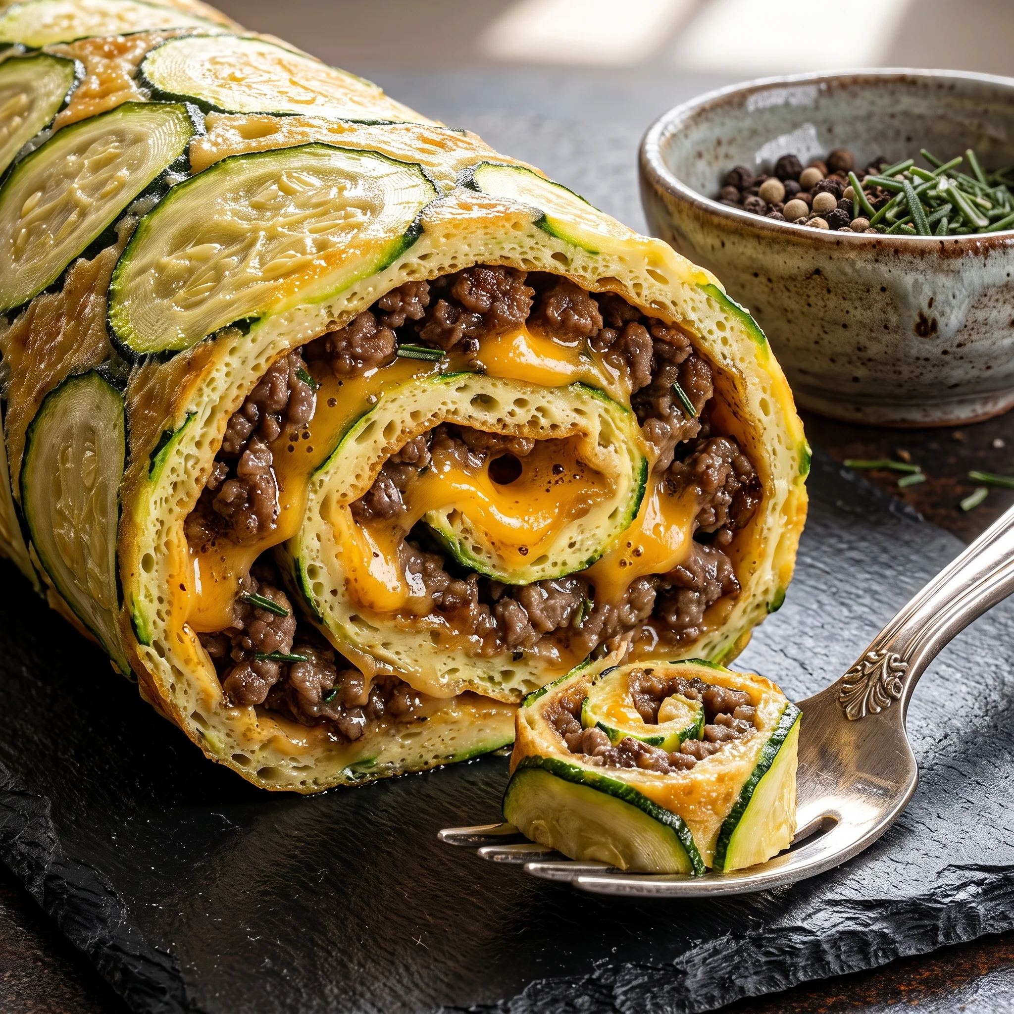 A zucchini-hackfleisch-rolle mit cheddar is on a table.