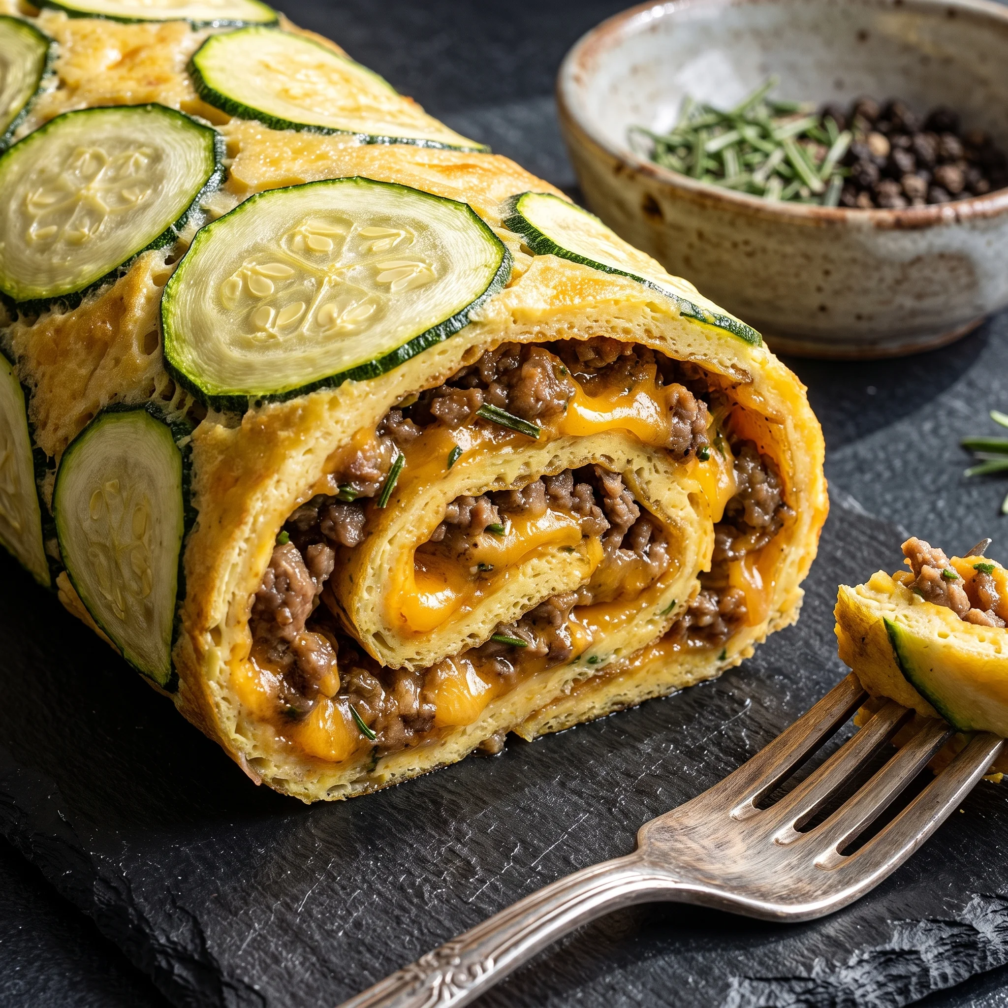 A zucchini-hackfleisch-rolle mit cheddar is on a table.