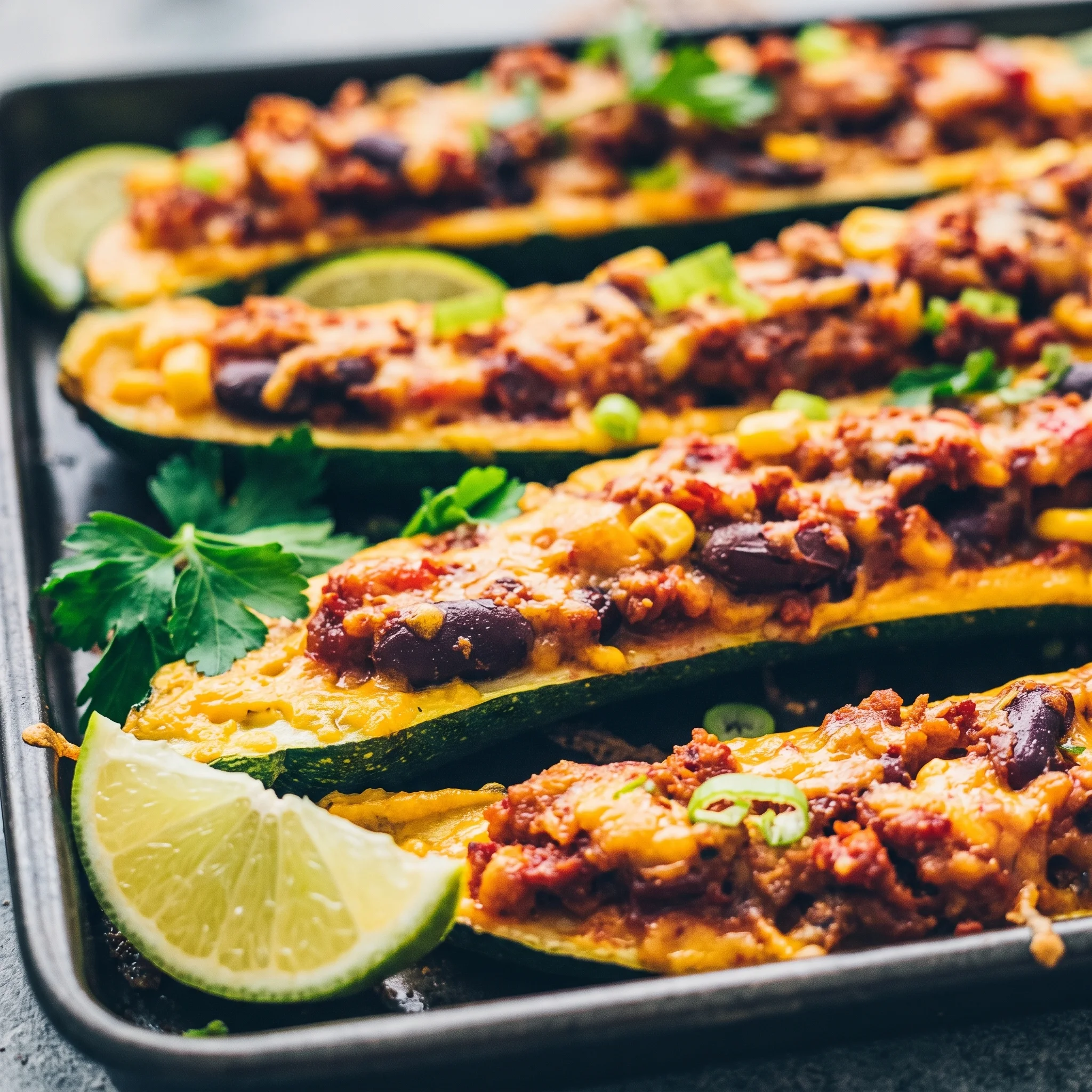 A pan of zucchini filled with meat and cheese.