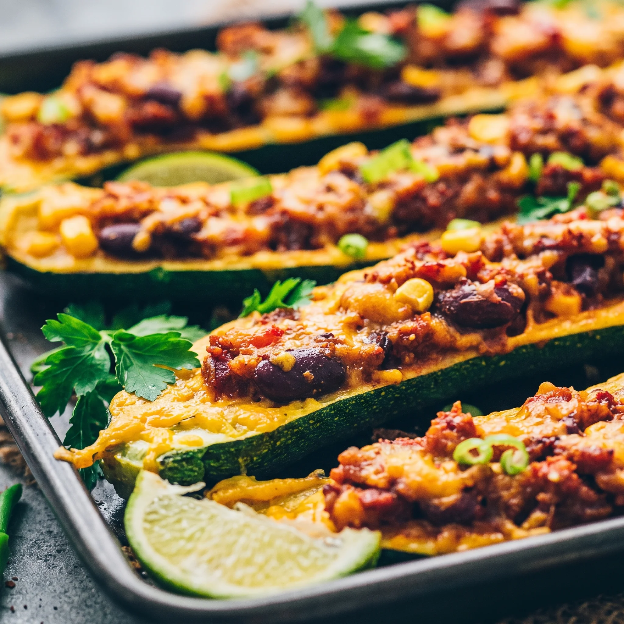 A pan of zucchini boats filled with cheese and beans.