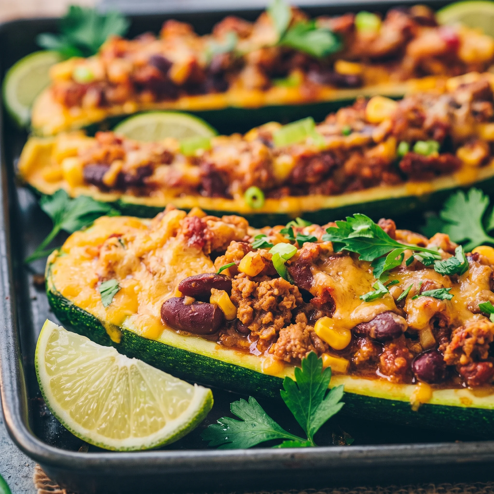 Two zucchini boats filled with meat and cheese.