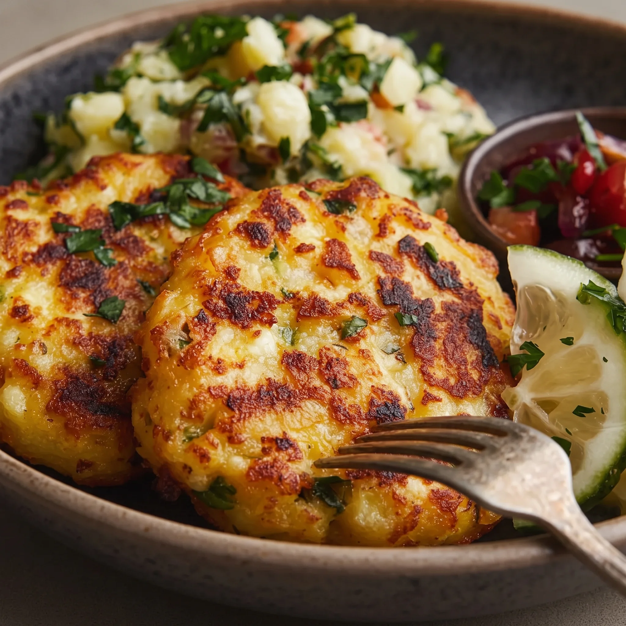 A plate of food with a fork on it.
