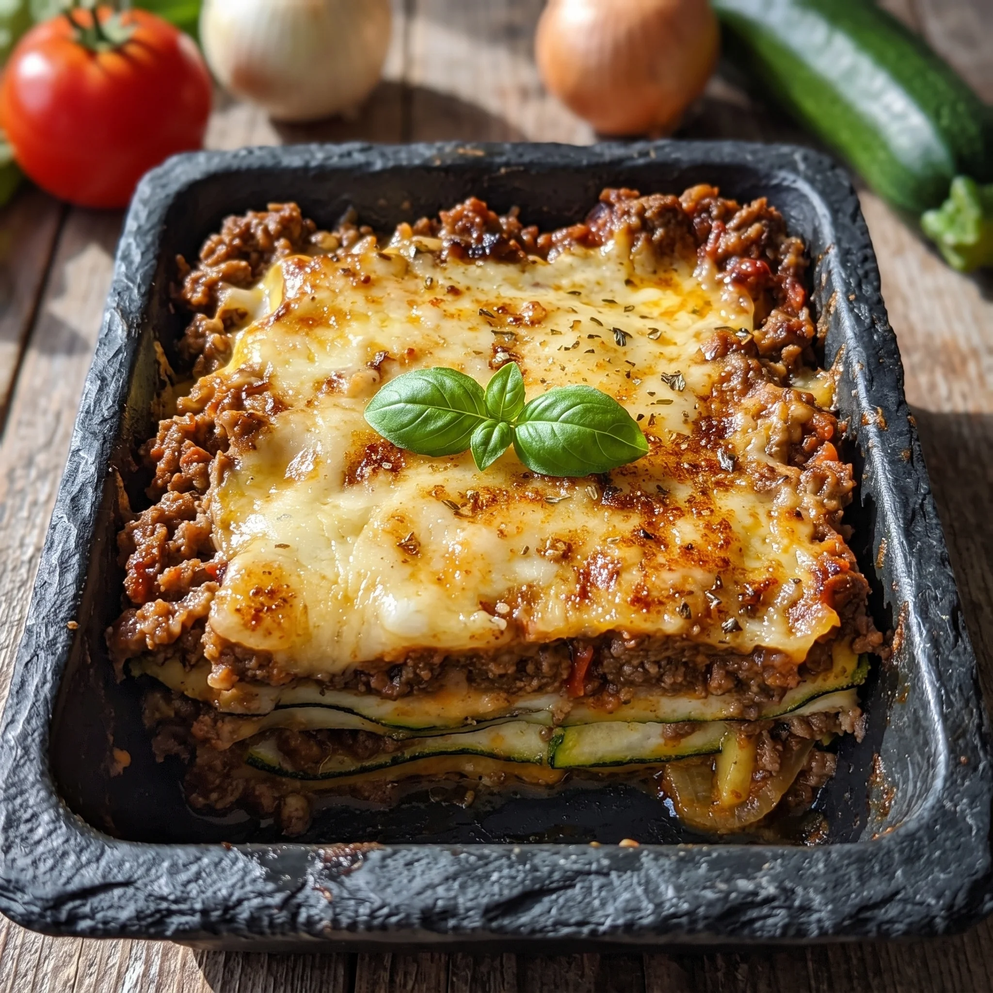 A low carb zucchini lasagna in a black tray.