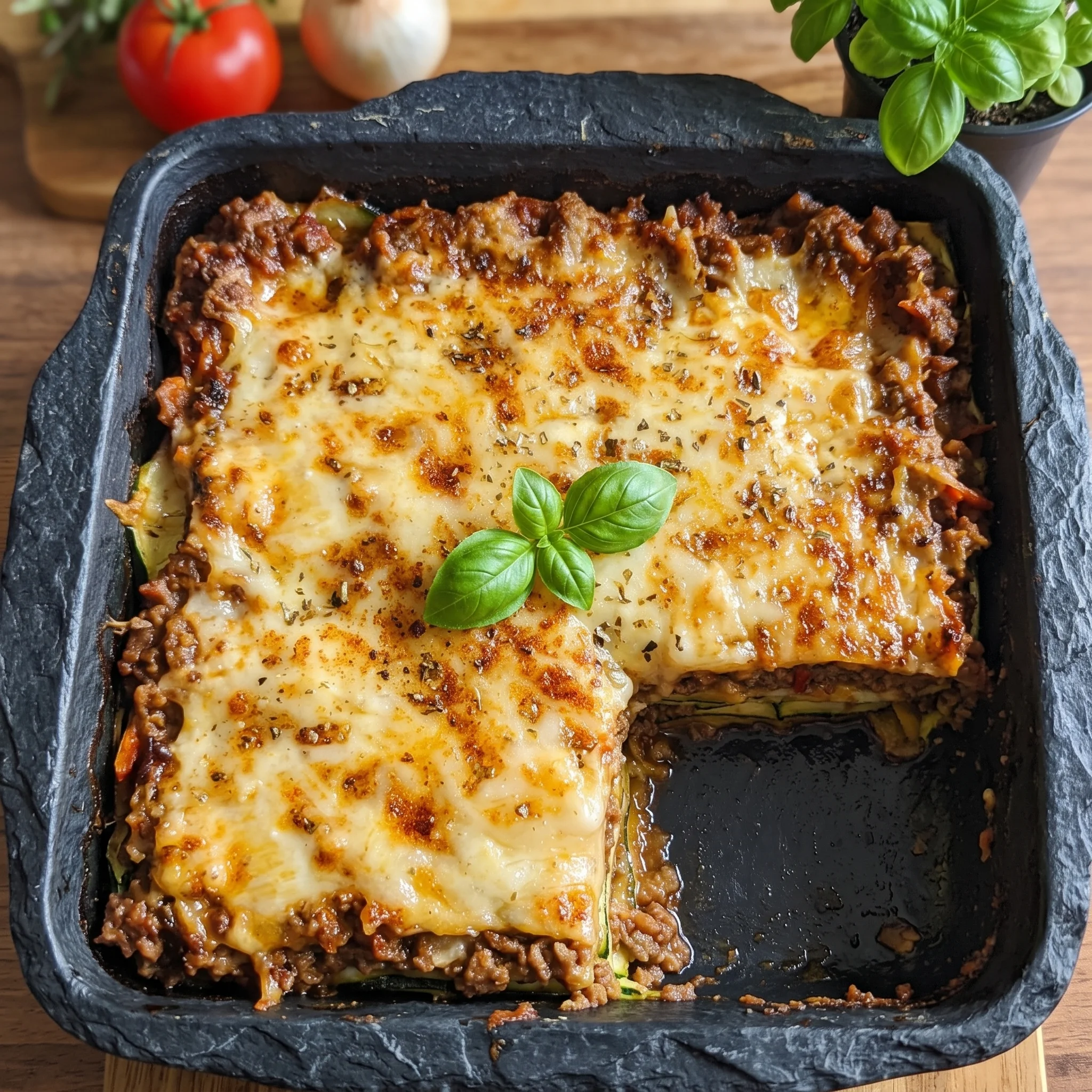 A square piece of low carb zucchini lasagna.