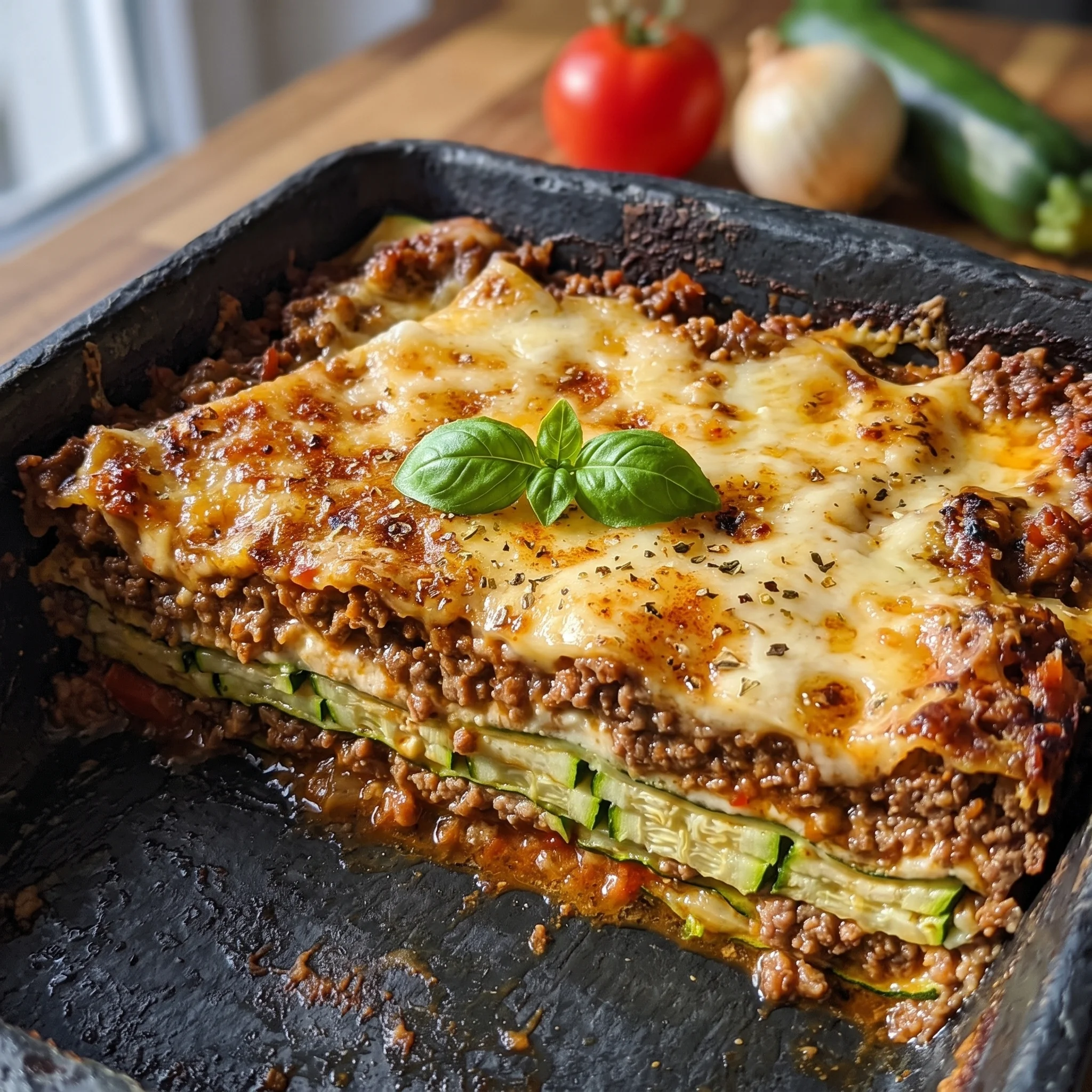 A close up of a low carb zucchini lasagna.
