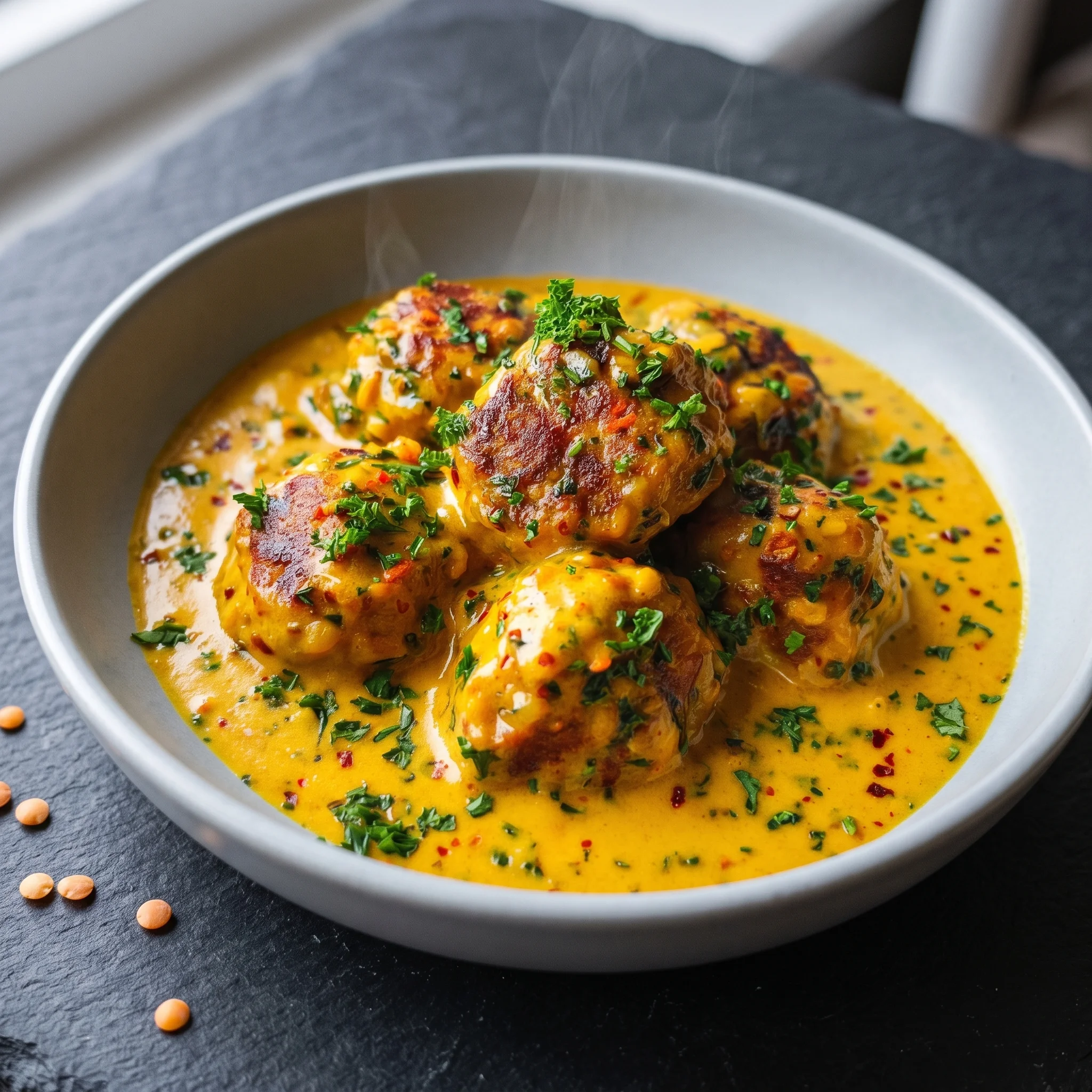 A bowl of meatballs in a yellow sauce.