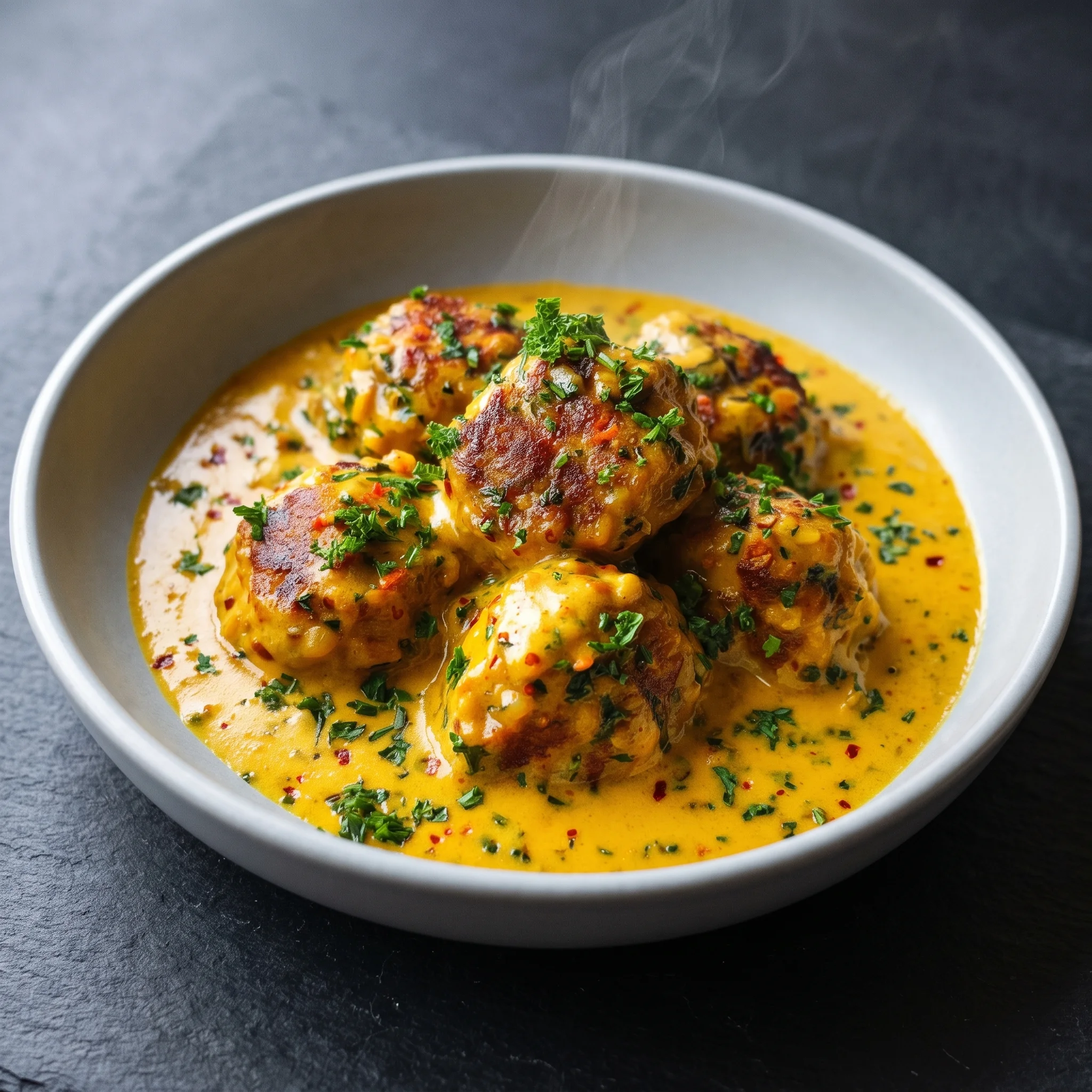 A bowl of food with meatballs in a yellow sauce.