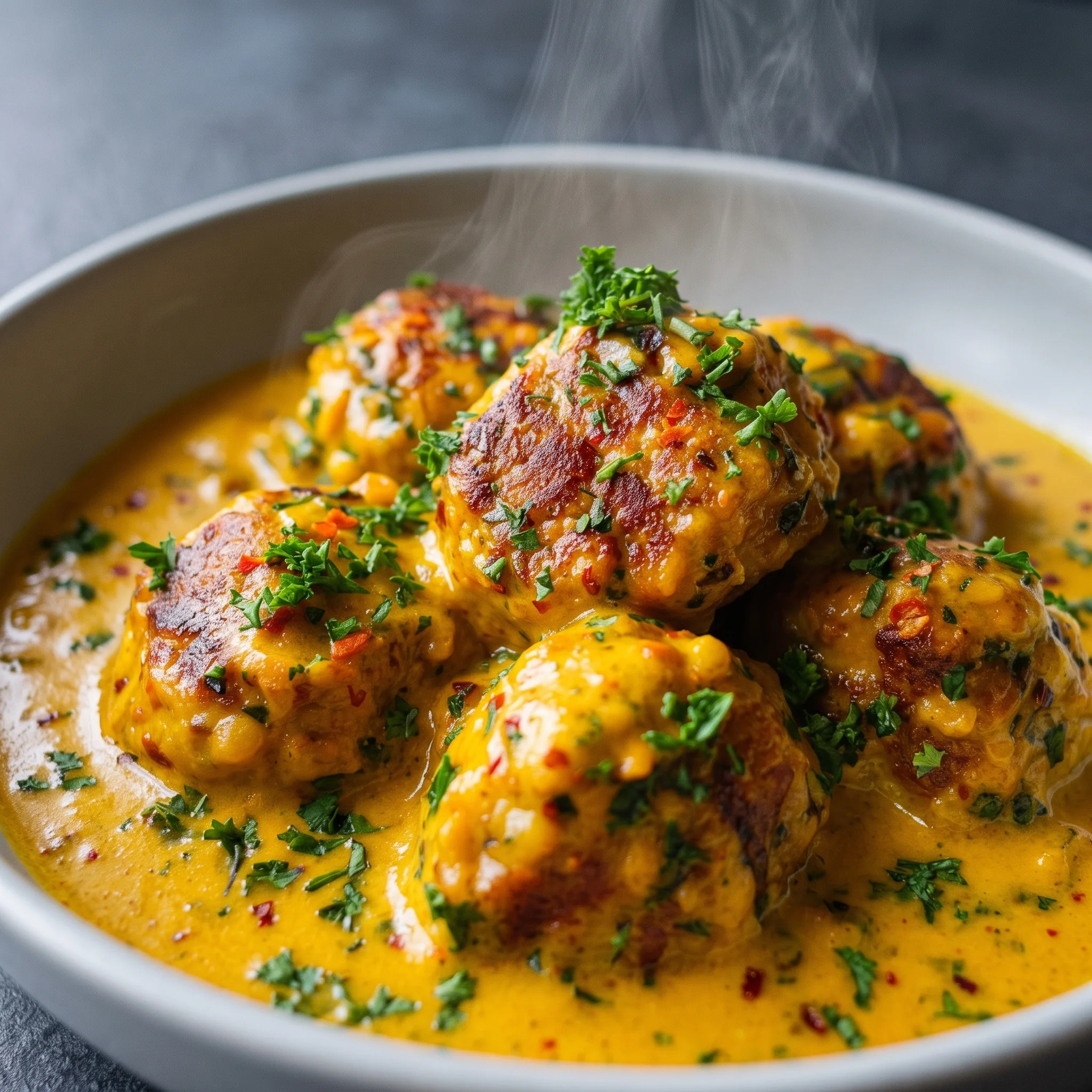 A bowl of meatballs in a curry sauce.