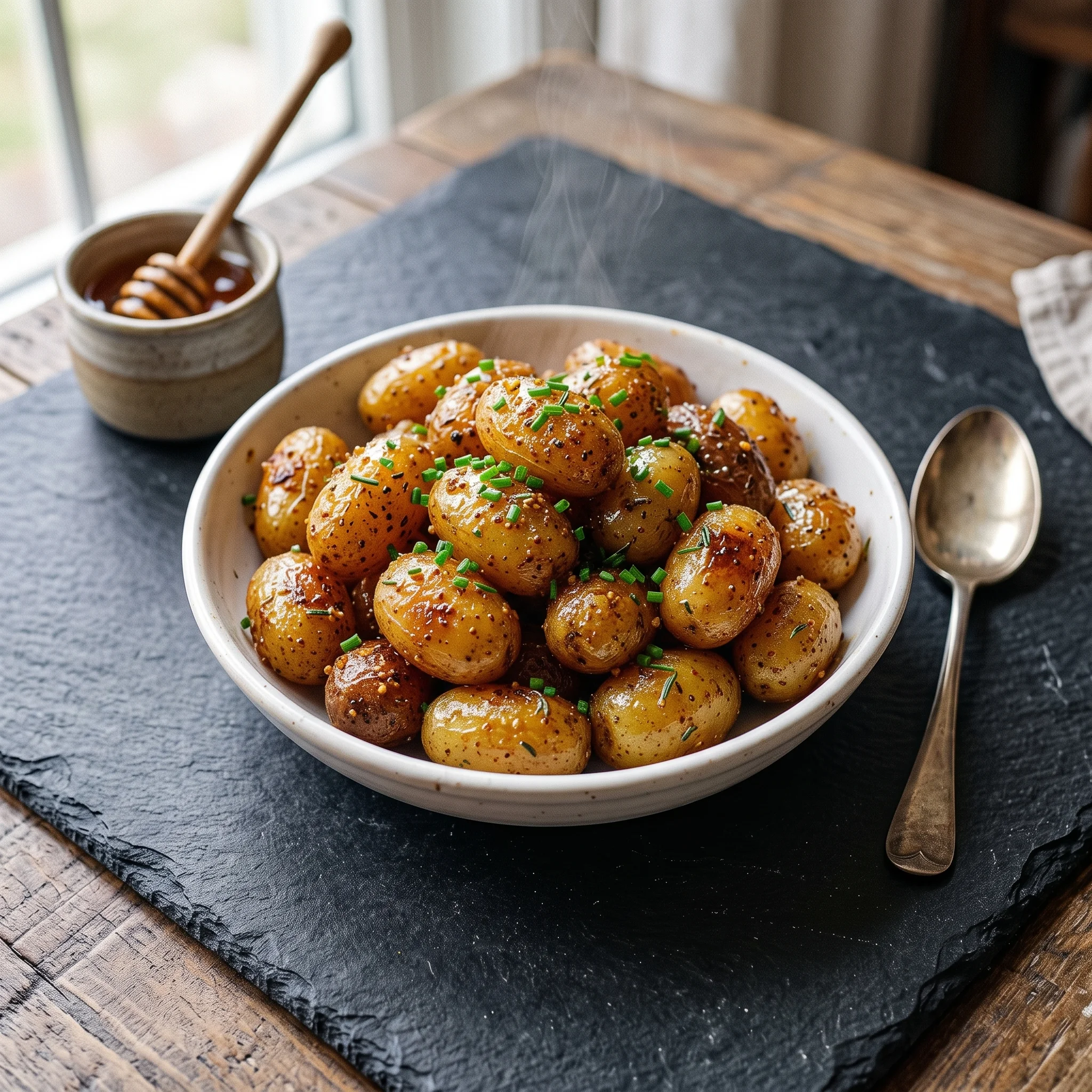 A bowl of potatoes with a spoon in it.