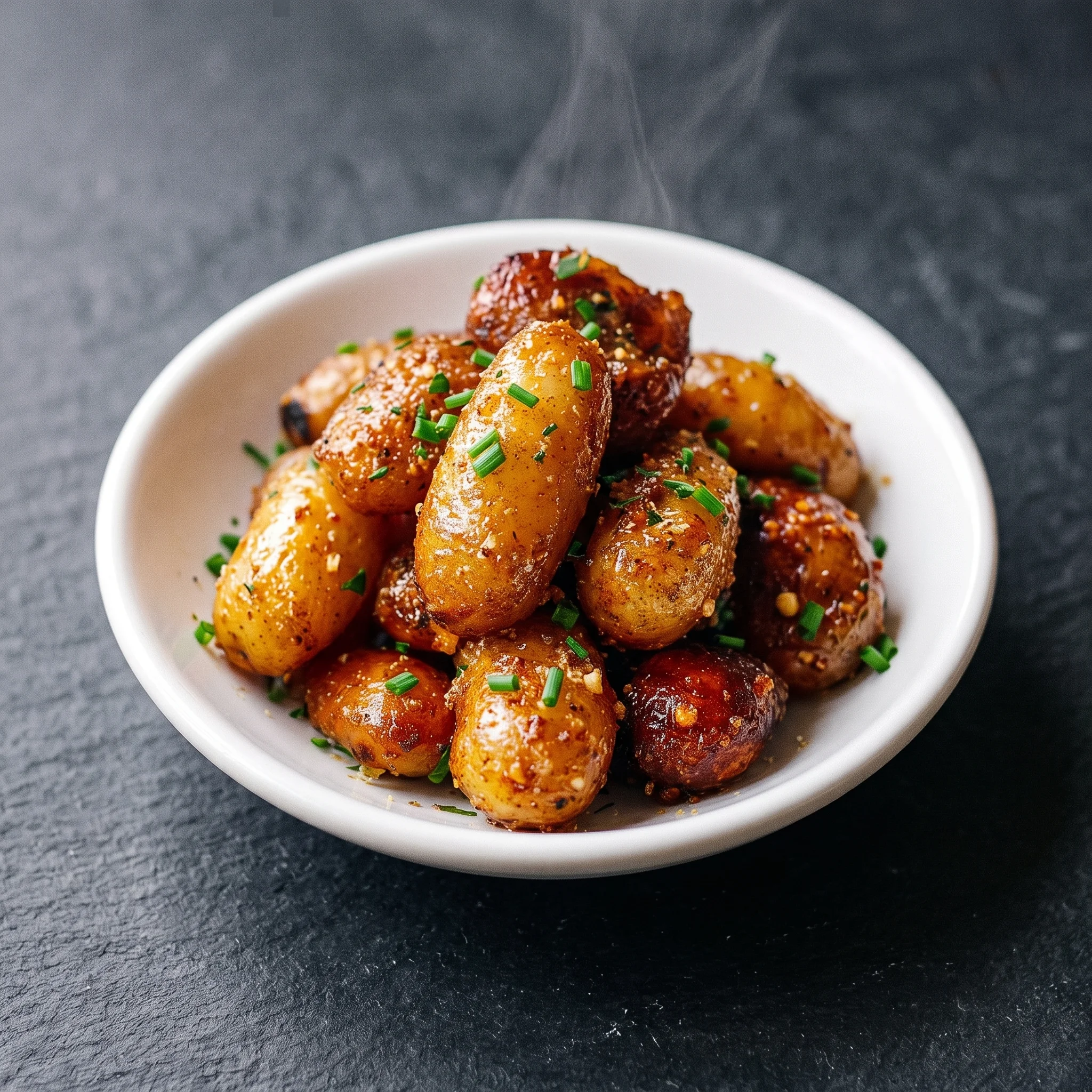 A bowl of potatoes with herbs on top.