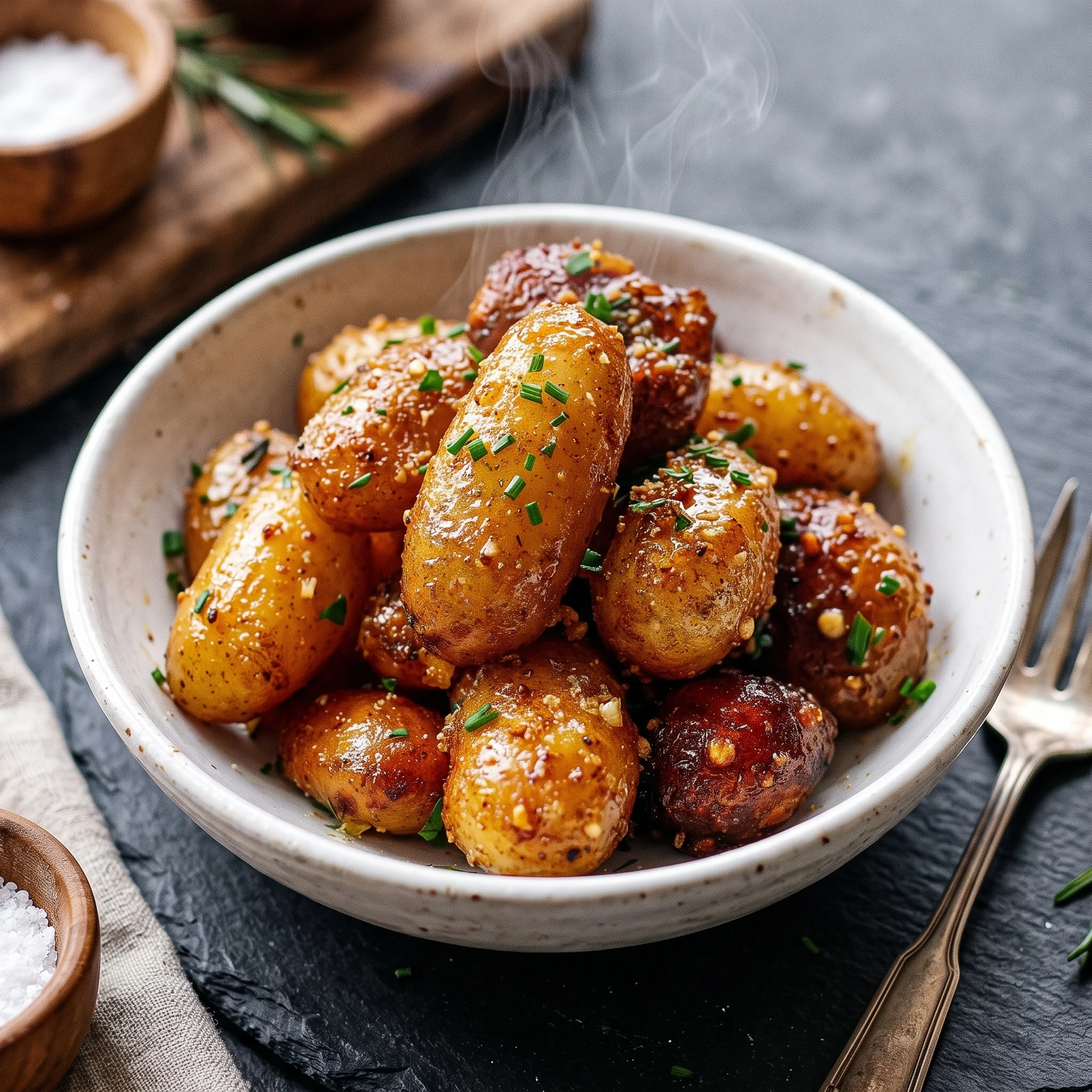 A bowl of potatoes with herbs and spices.