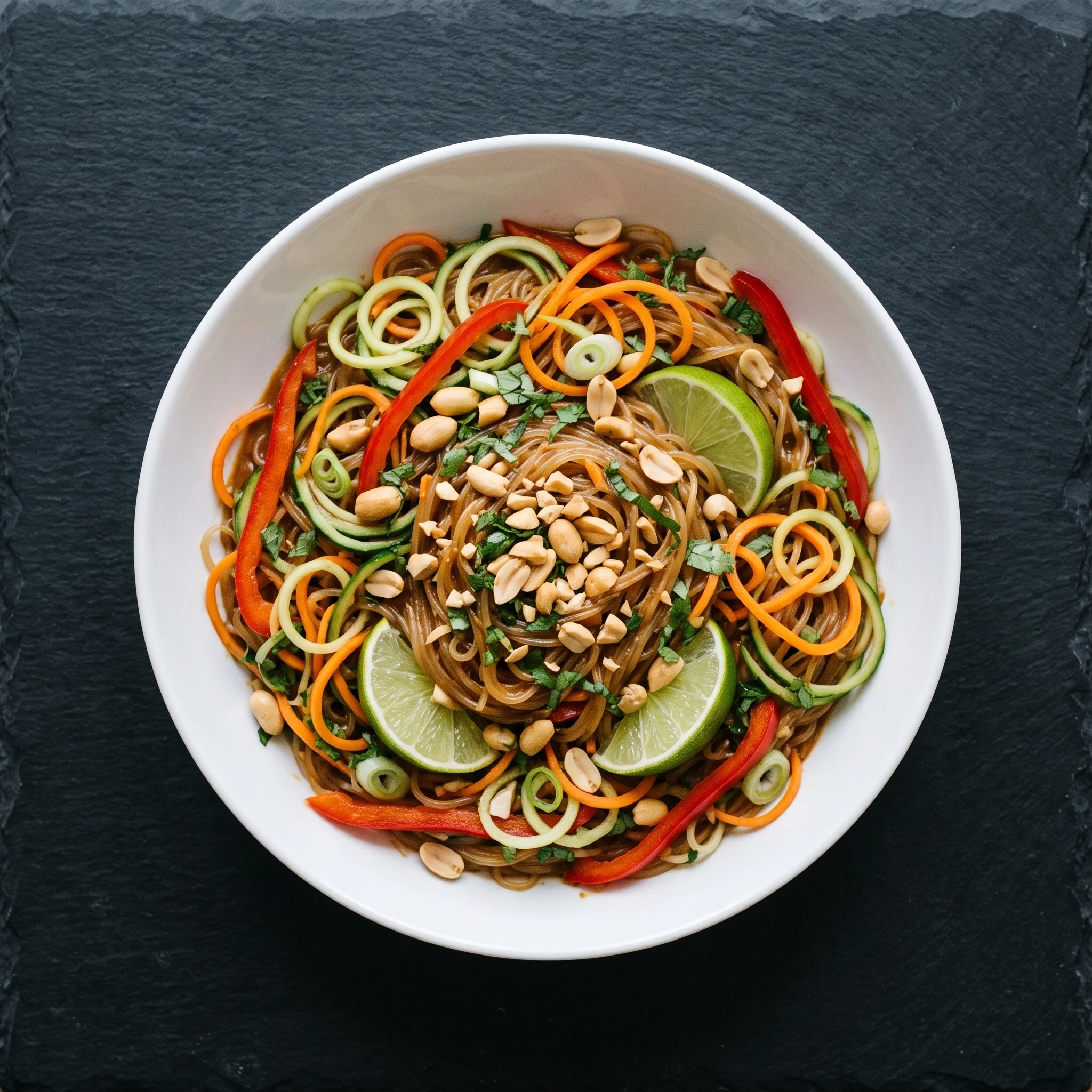 A bowl of noodles with vegetables and nuts.