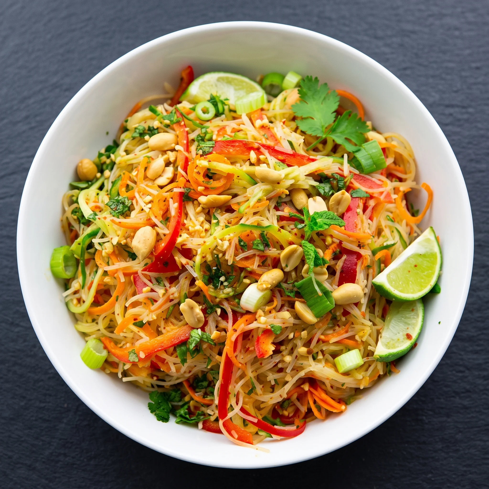 A bowl of noodles with vegetables and nuts.