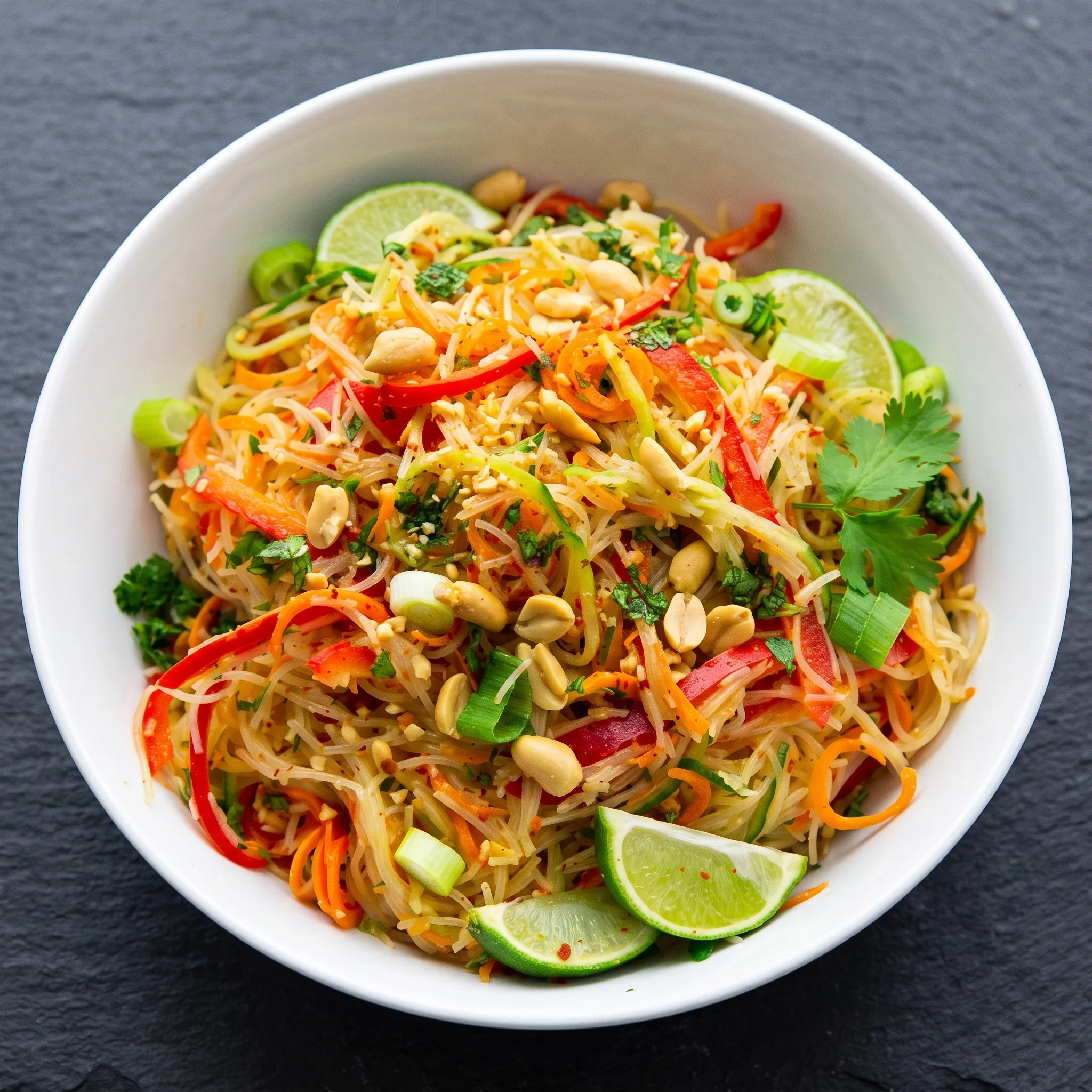 A bowl of noodles with vegetables and nuts.