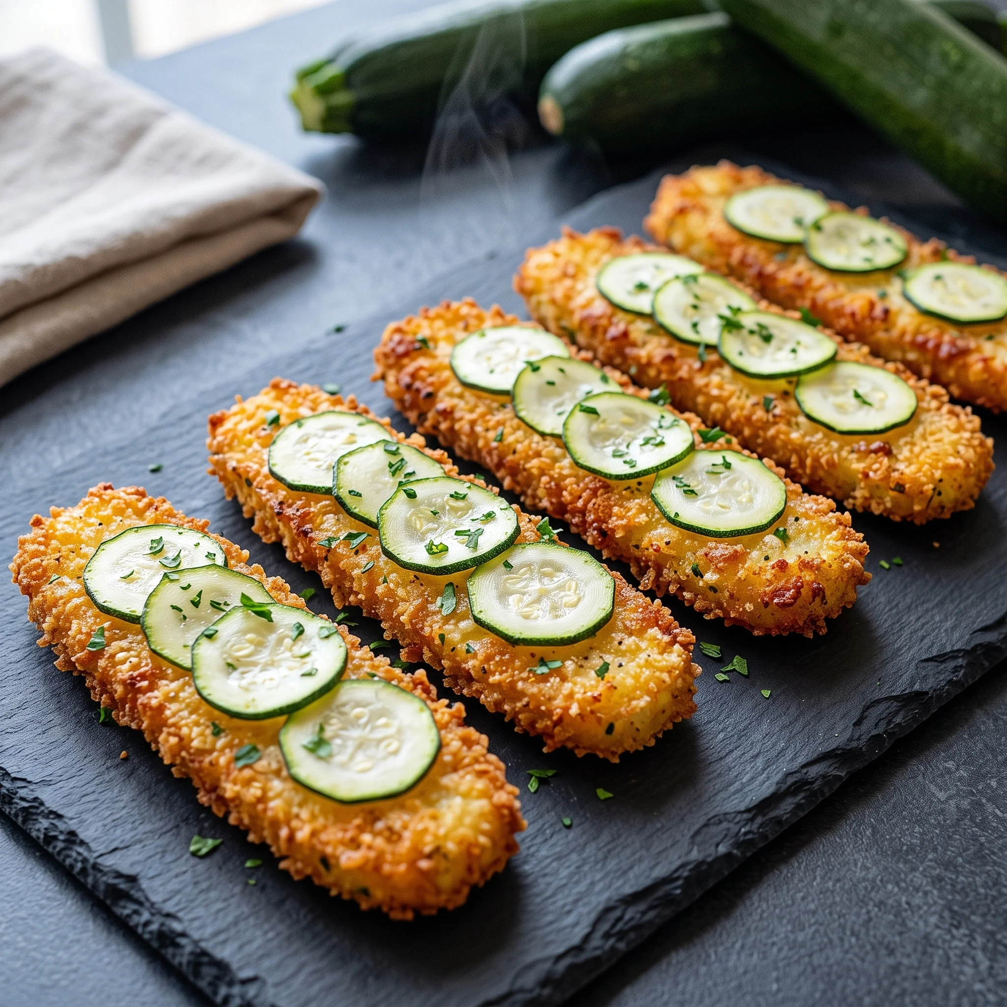A plate of food with a slice of zucchini on it.