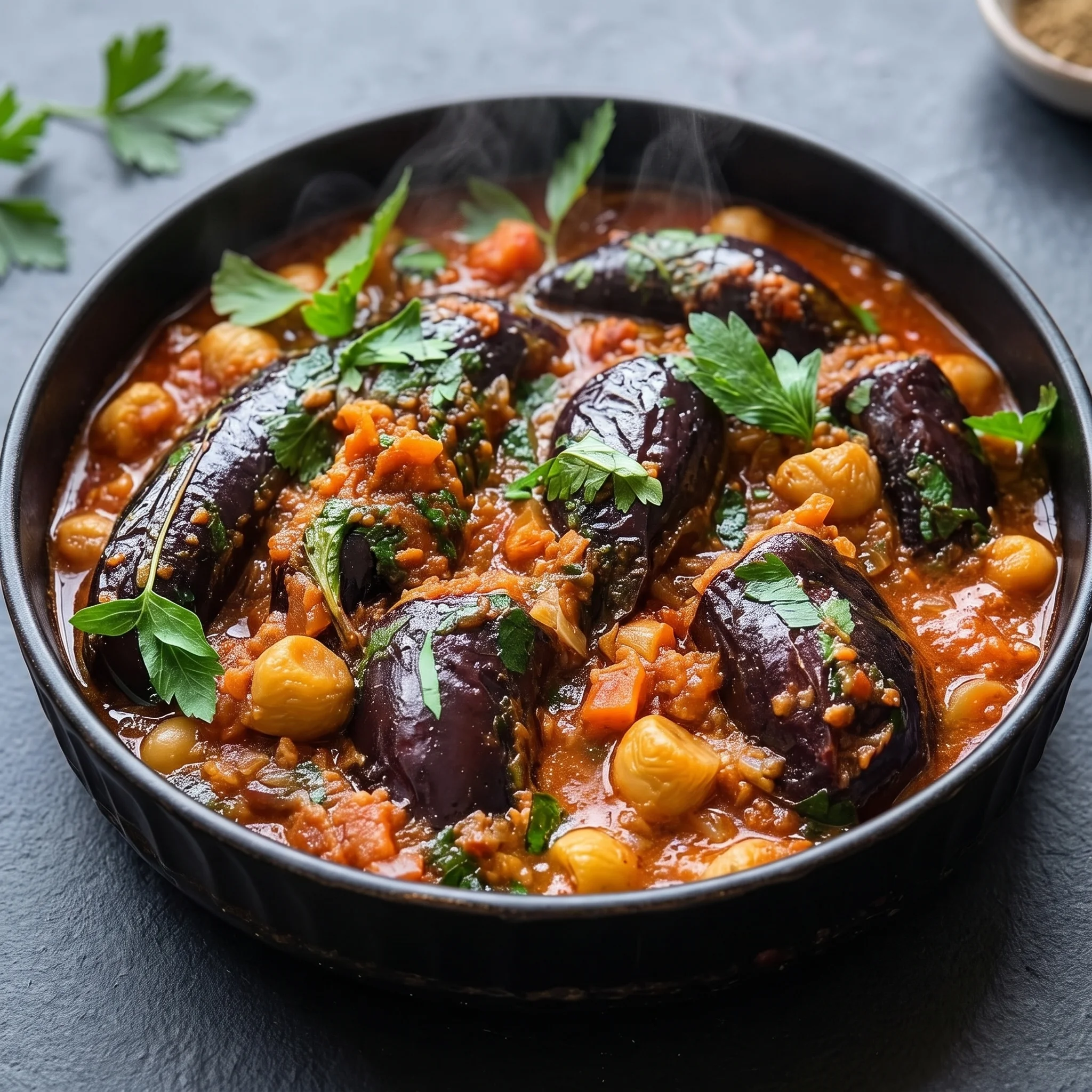 A bowl of food with aubergines and chickpeas.