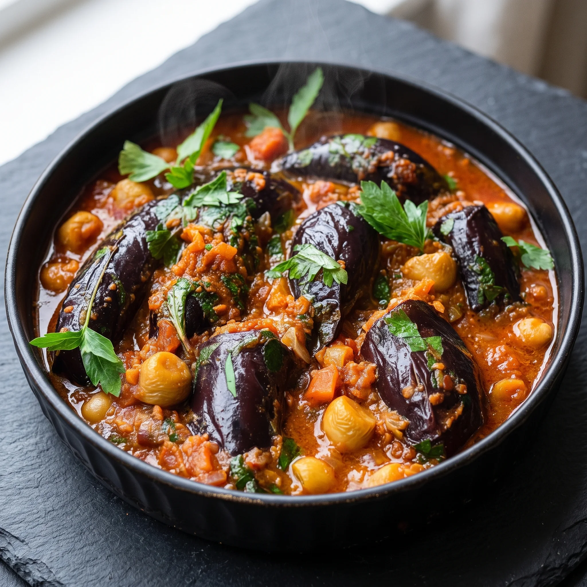 A bowl of food with aubergines and chickpeas.