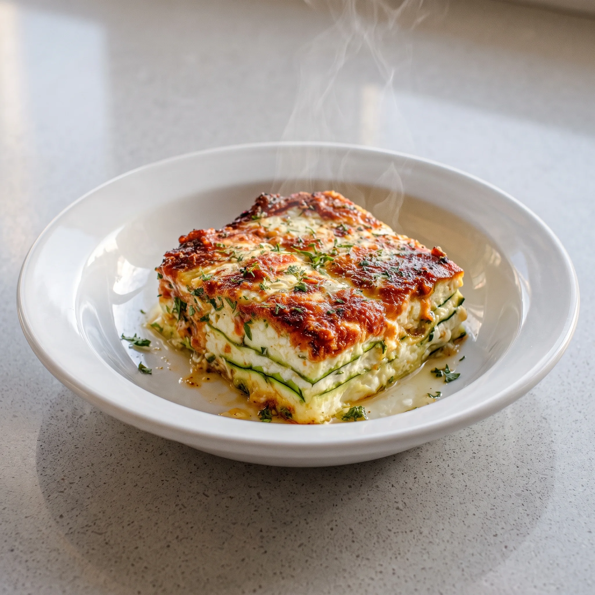 A white plate with a zucchini cottage cheese bake on it.