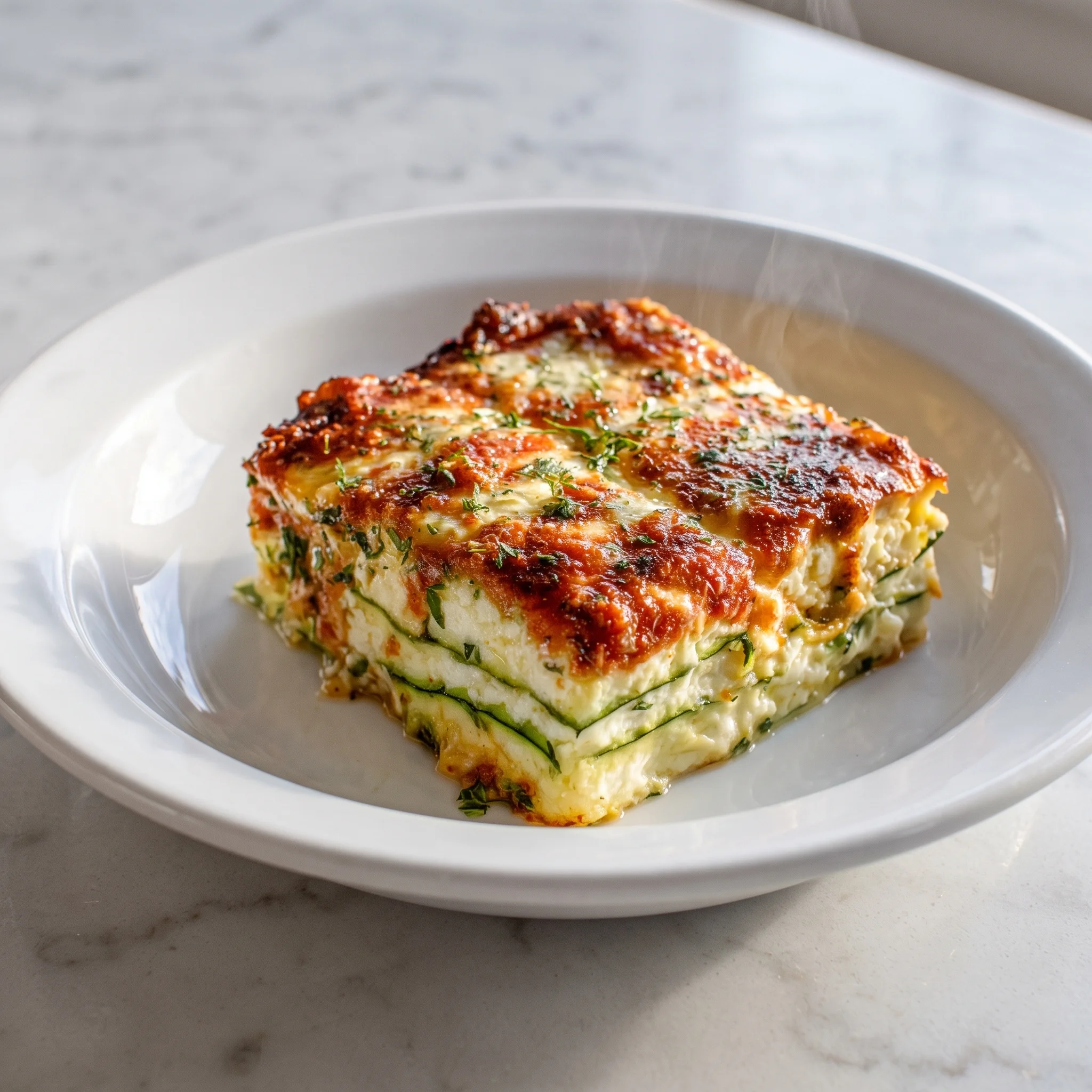 A square white plate with a zucchini cottage cheese bake on it.