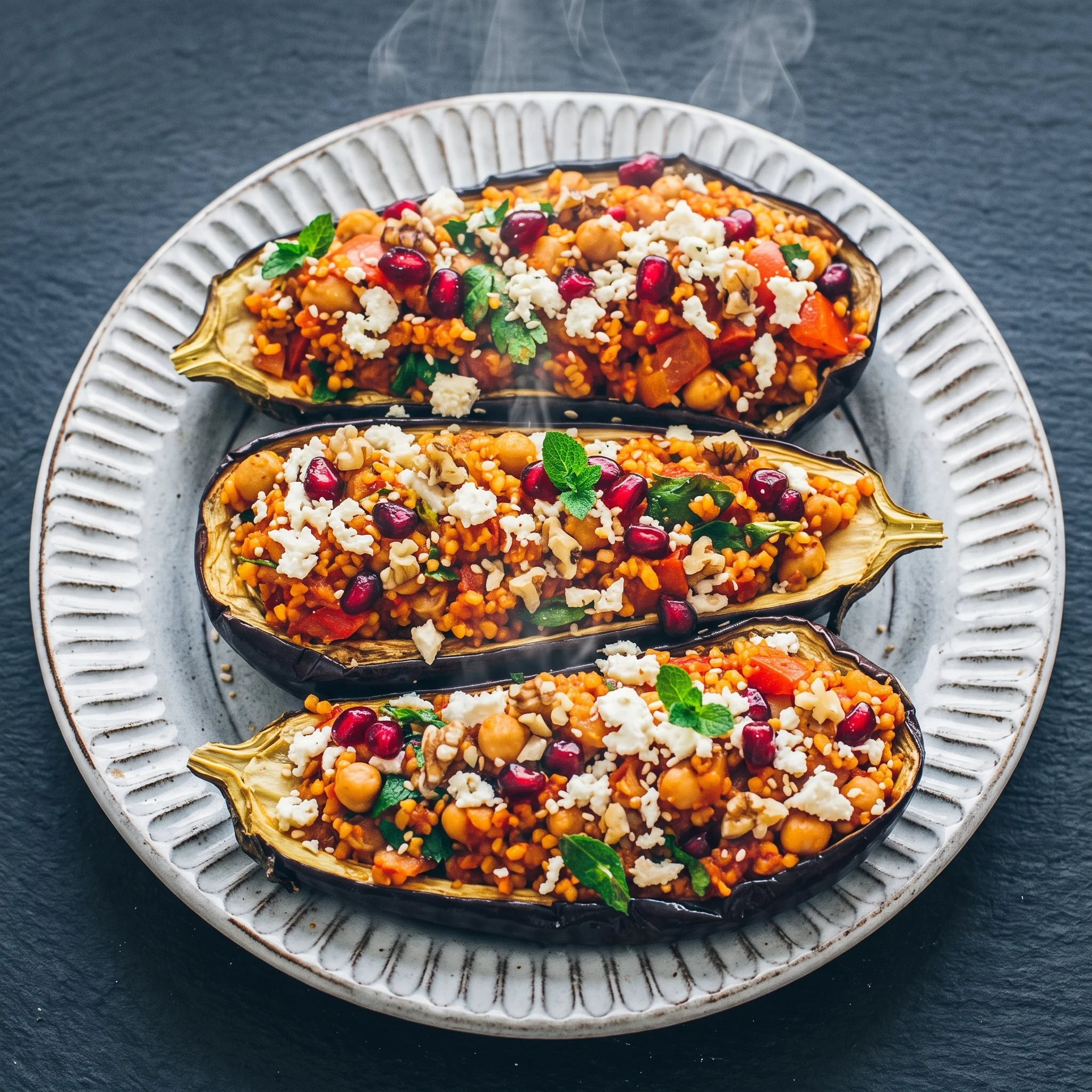 A plate of stuffed eggplant with rice and vegetables.