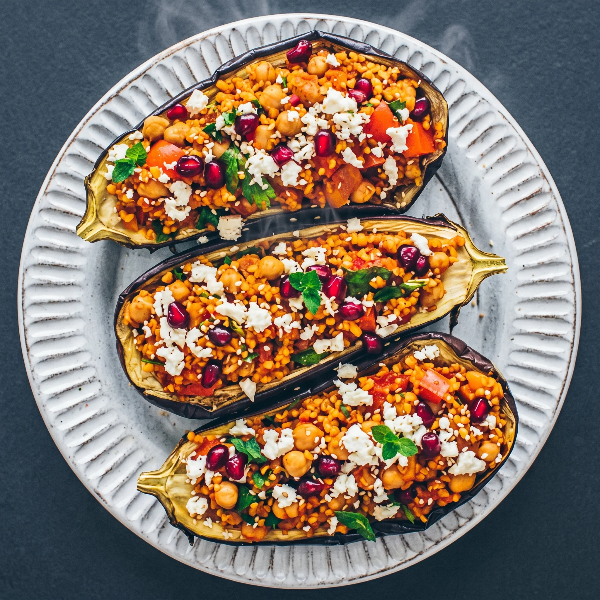 A plate of stuffed eggplant with a white plate.