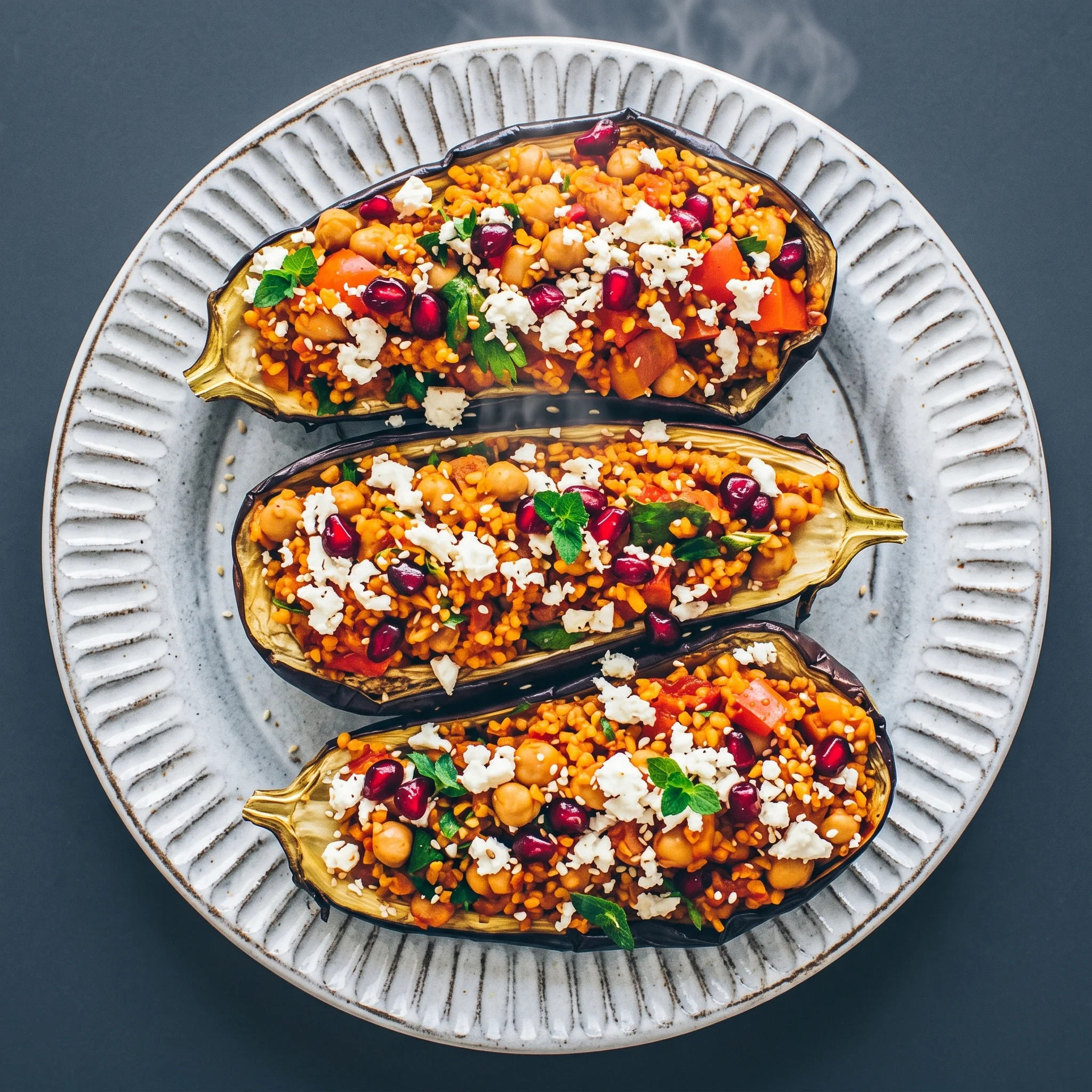 A plate of stuffed eggplant with rice and vegetables.