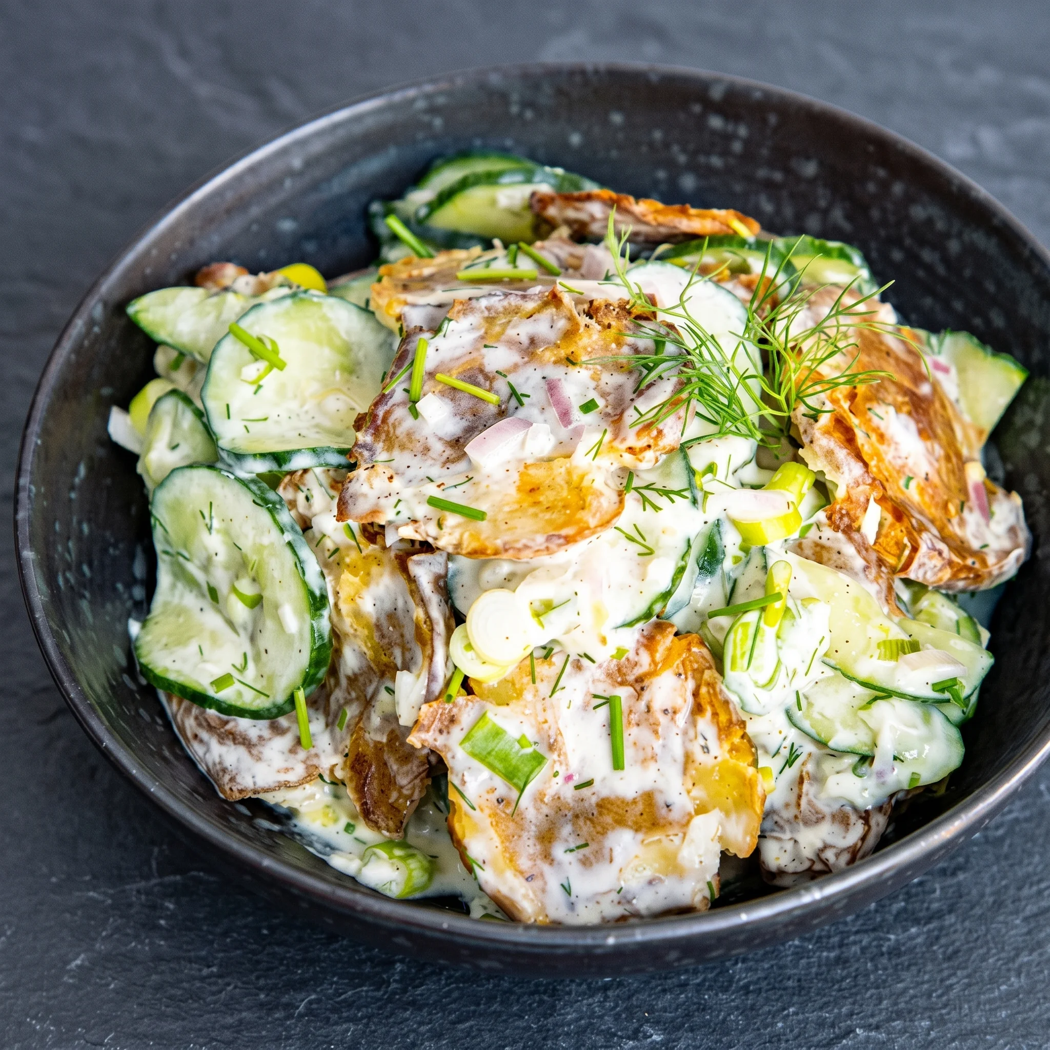 A bowl of food with a green vegetable in it.