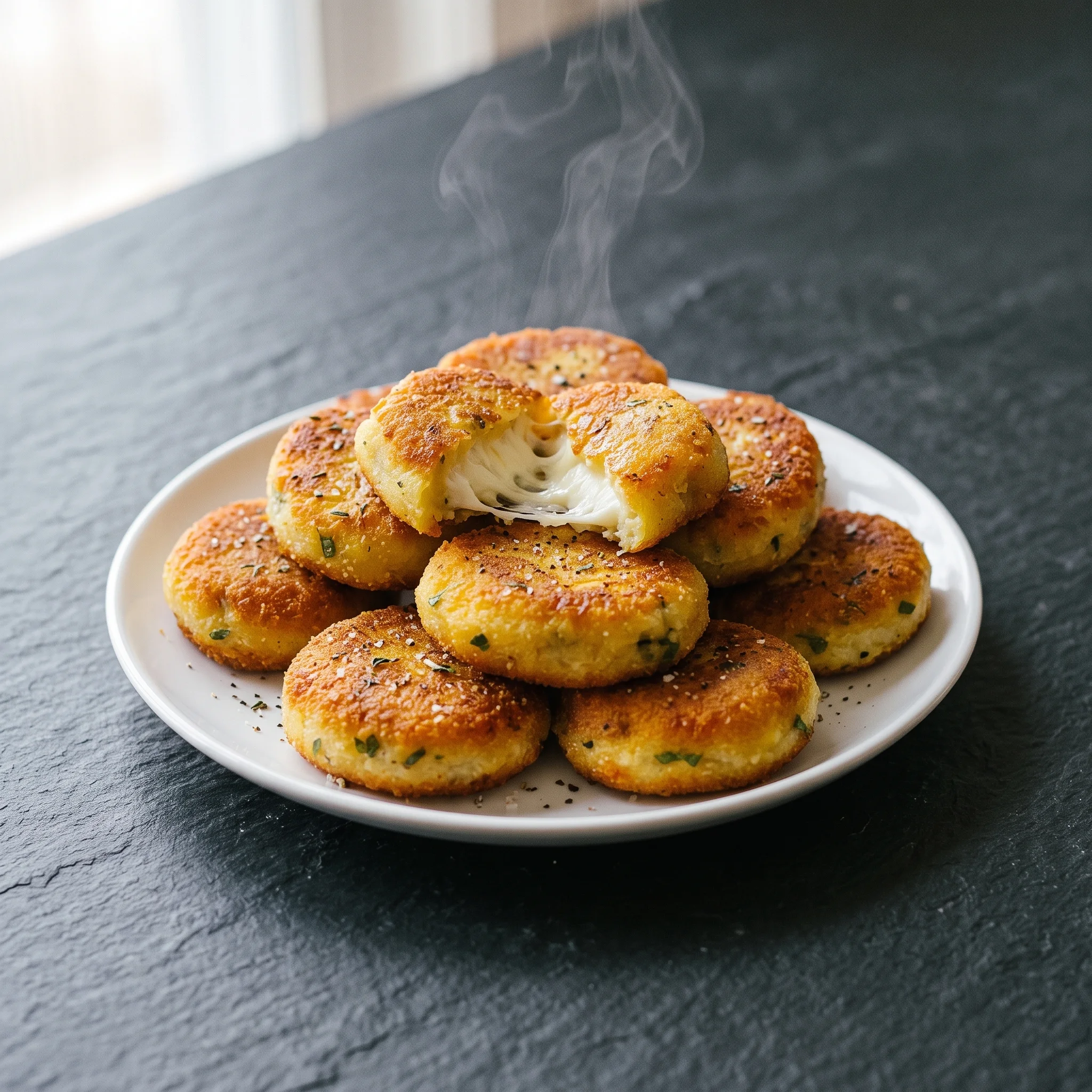 A plate of fried potato pancakes filled with cheese.