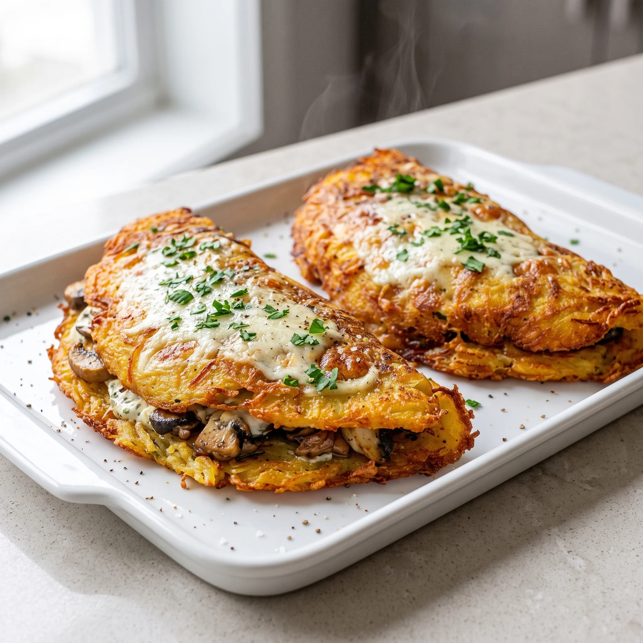 Two Kartoffeltaschen on a white plate.