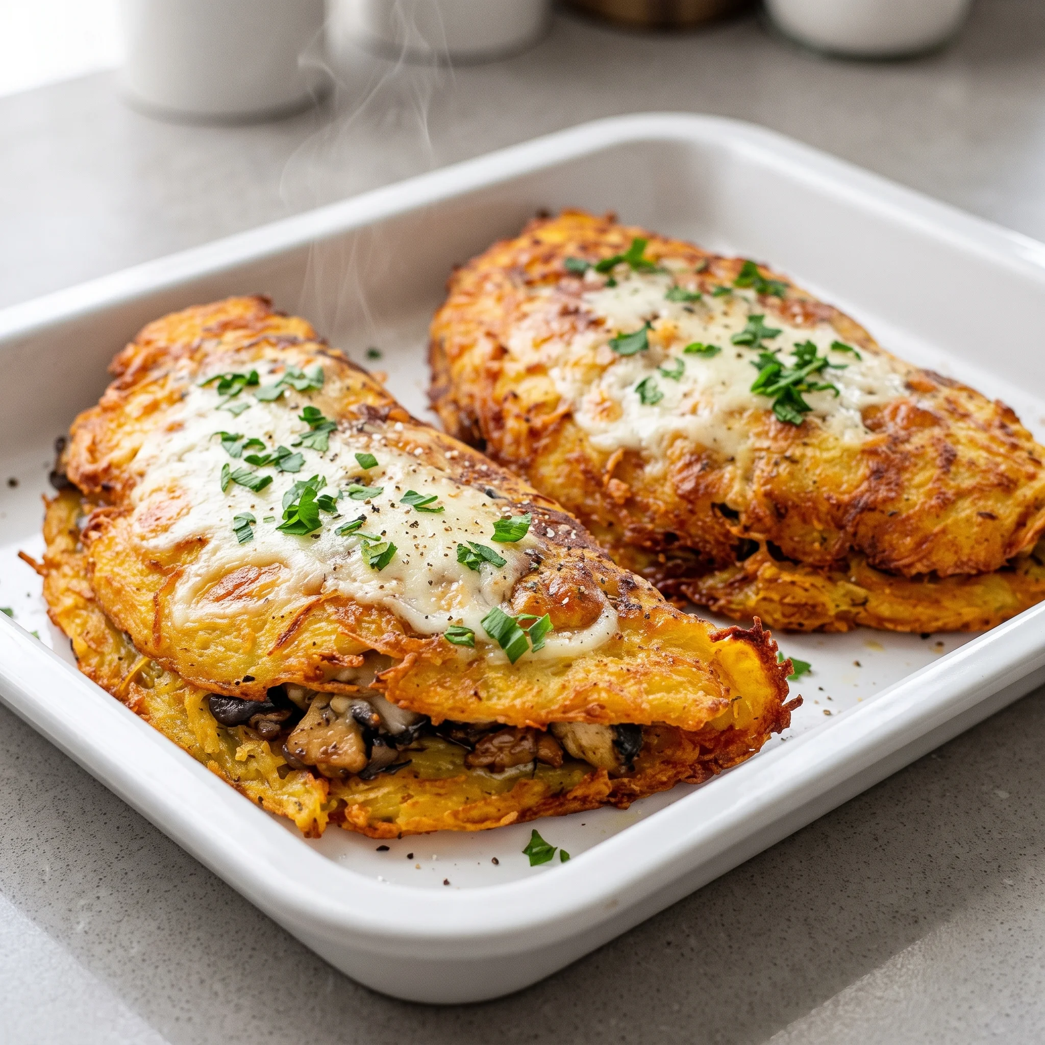 Two kartoffeltaschen with cheese and mushrooms.