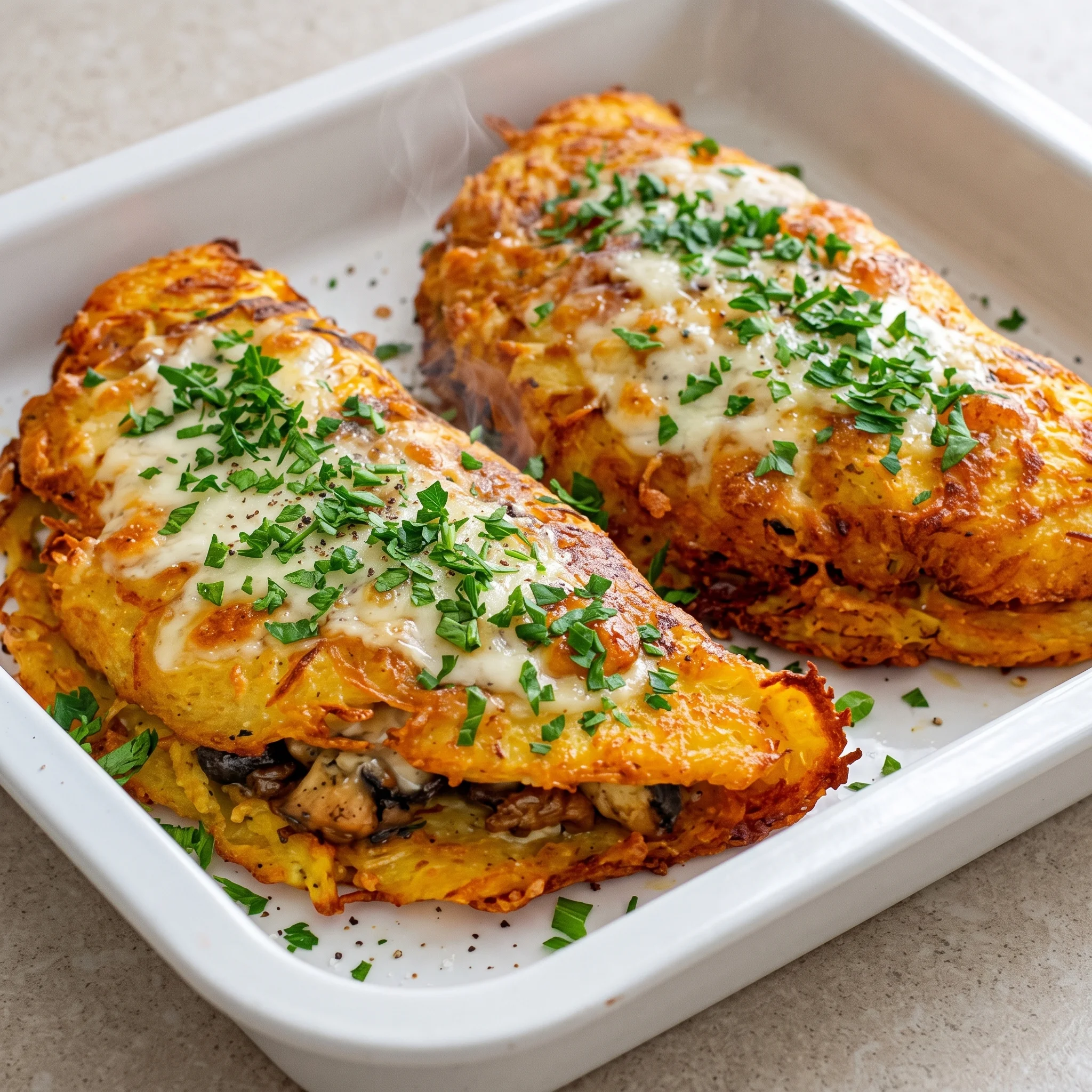 Two Kartoffeltaschen with cheese and herbs.