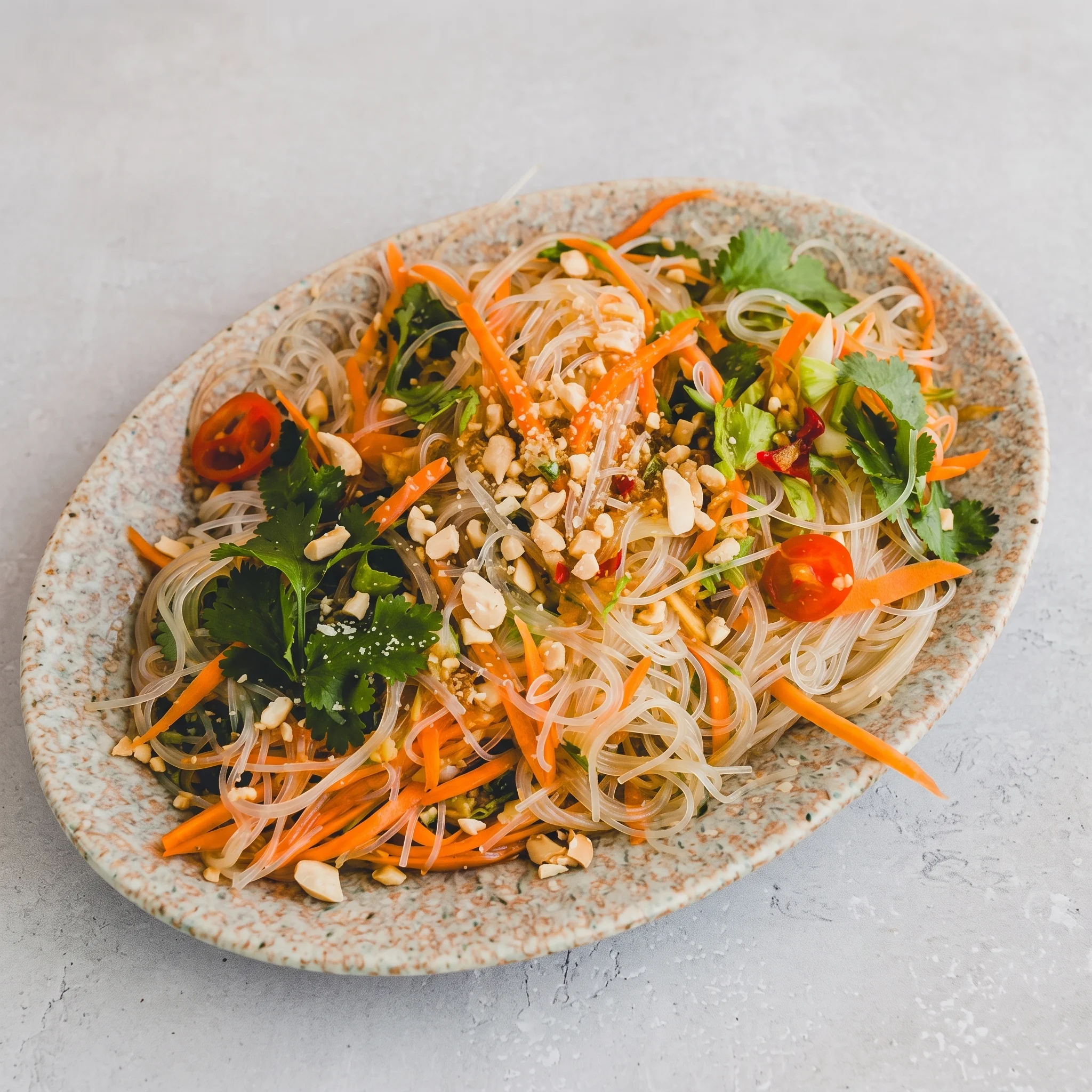 A bowl of noodles with vegetables.