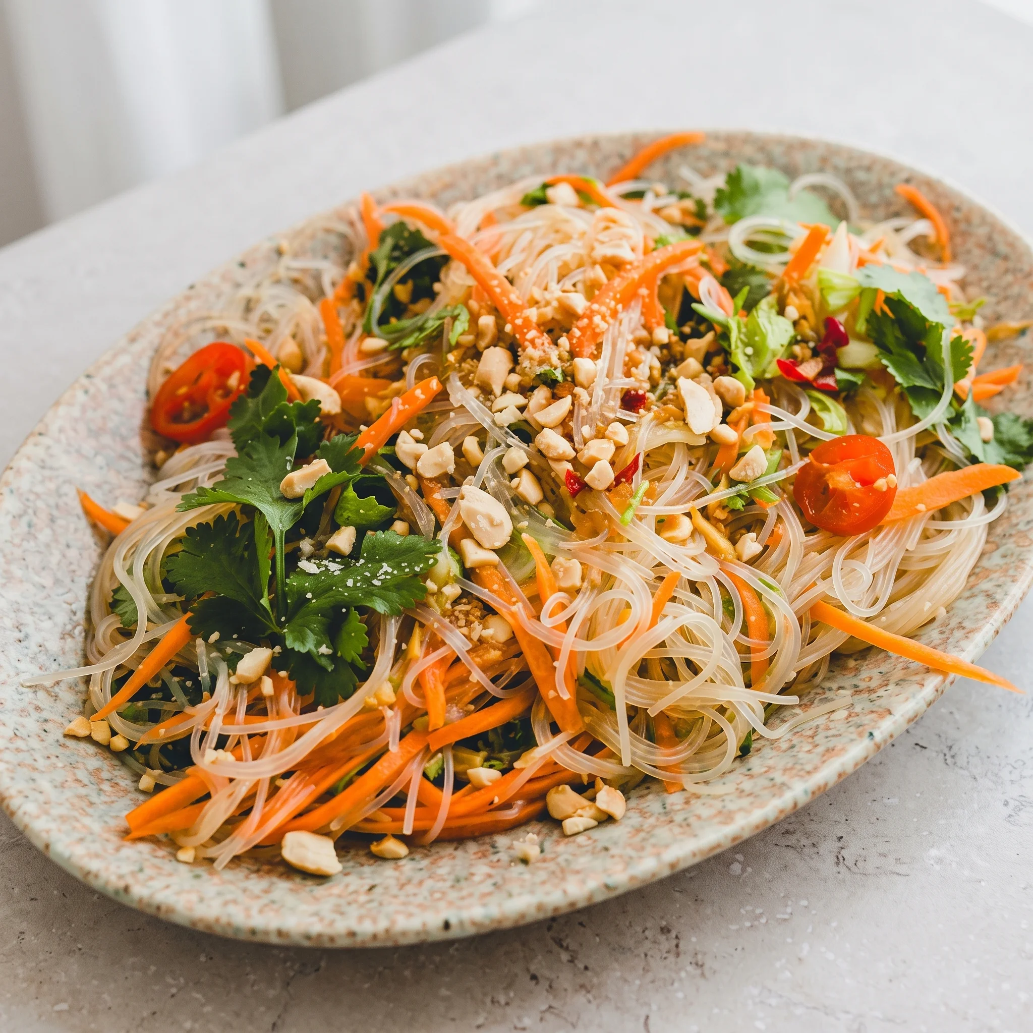 A plate of noodles with vegetables.