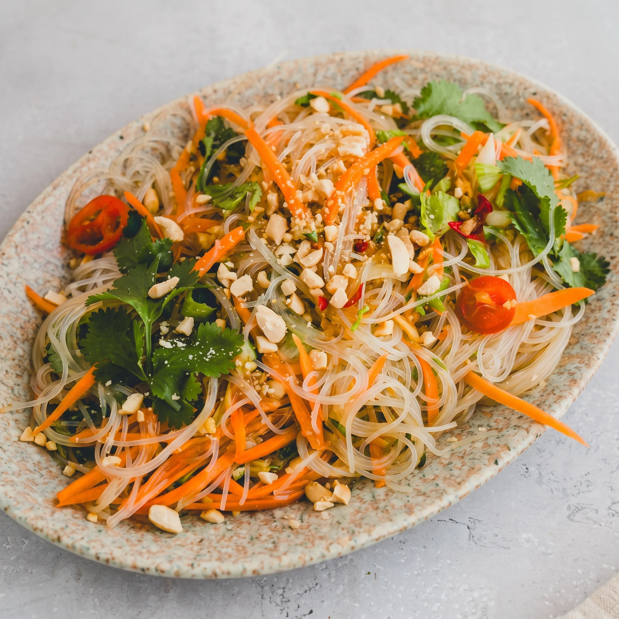 A bowl of noodles with vegetables and nuts.
