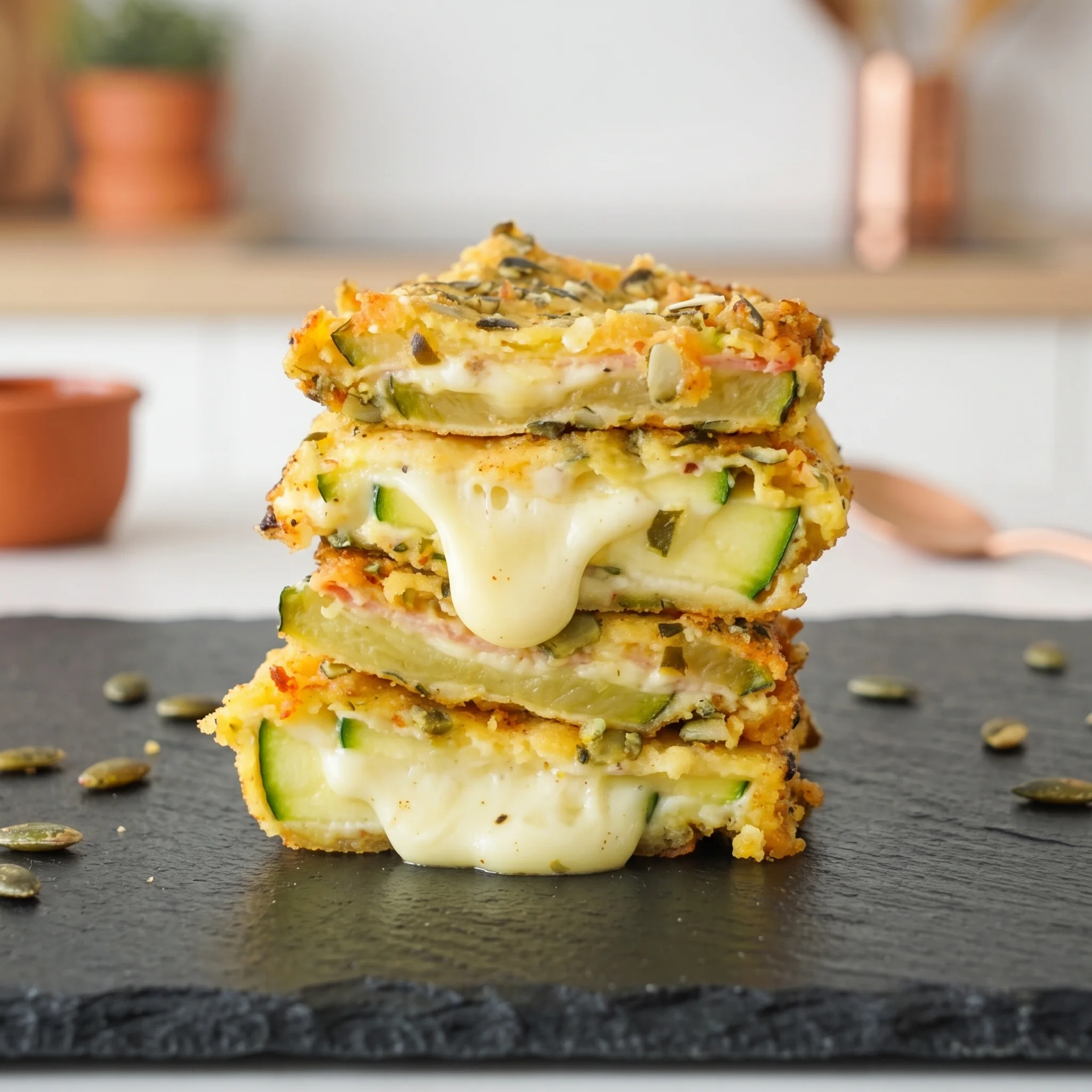 Zucchini Cordon Bleu stacked on a black slate.