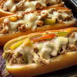 Zwei Sandwiches mit Chicken und Käse auf einem Teller.