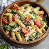 Ein Bogen aus Holz, gefüllt mit Pasta, Tomaten, Basilikum und Parmesan.