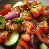 Eine Schüssel mit einer Mischung aus Tomaten, Zwiebeln und Knoblauch.