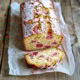 Ein Stück Kuchen mit Puder und Pink-Sauce auf einer Tischplatte.